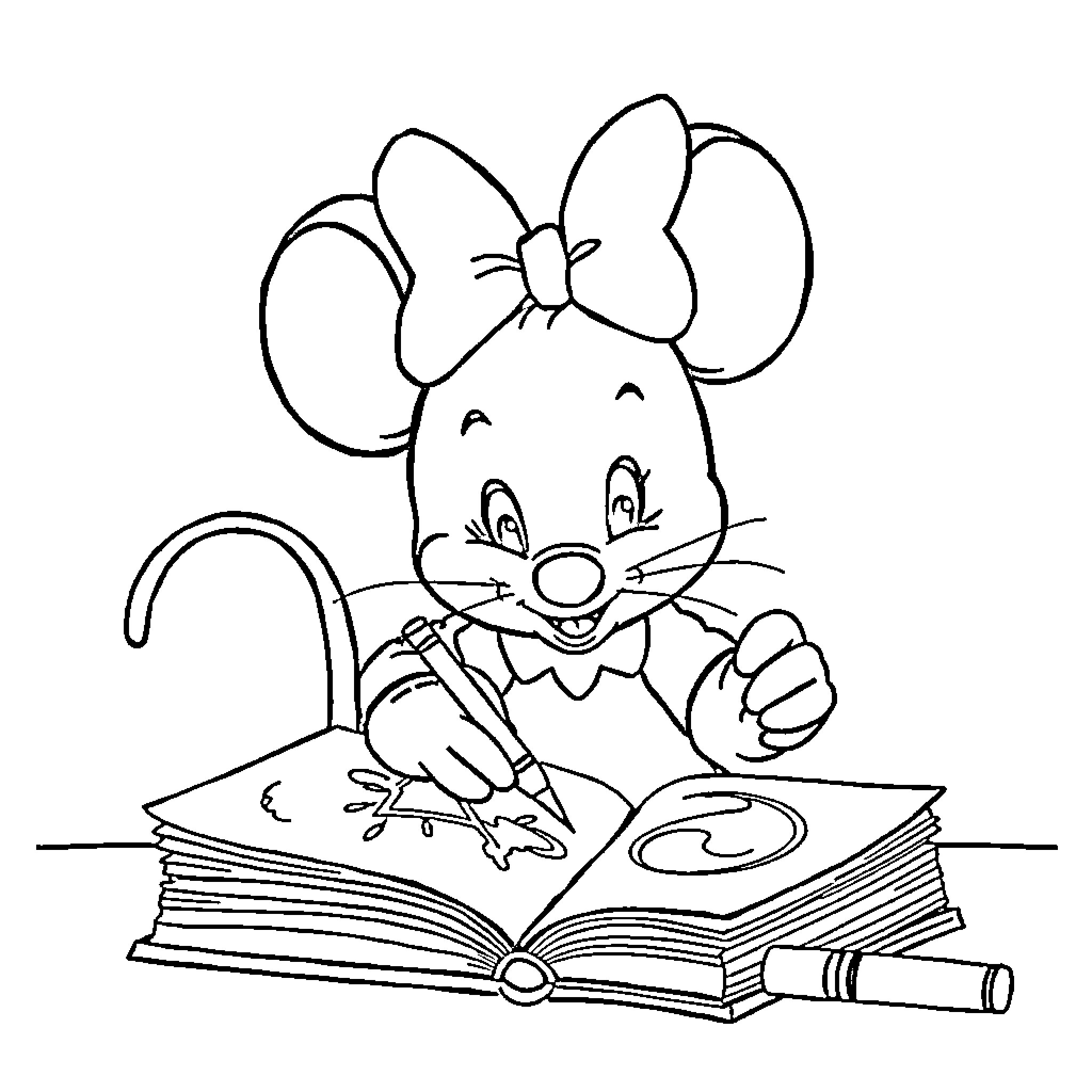 Minnie Mouse reading a book happily Coloring Page (free black-and-white line drawing printable PDF for all, from beginners to advanced learners, including children, teens, adults, and seniors)