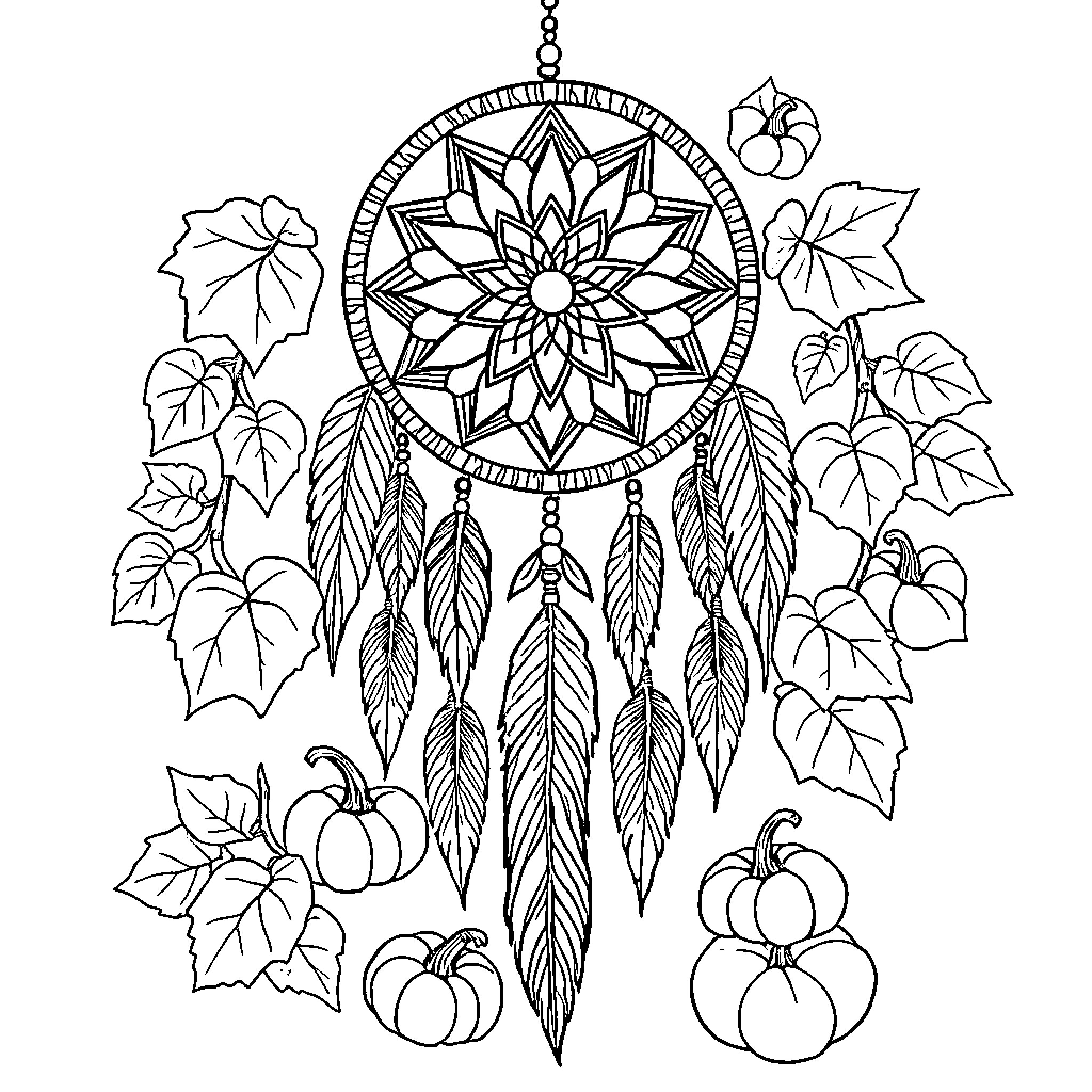 Dreamcatcher with intricate floral and feather designs Coloring Page (free black-and-white line drawing printable PDF for all, from beginners to advanced learners, including children, teens, adults, and seniors)