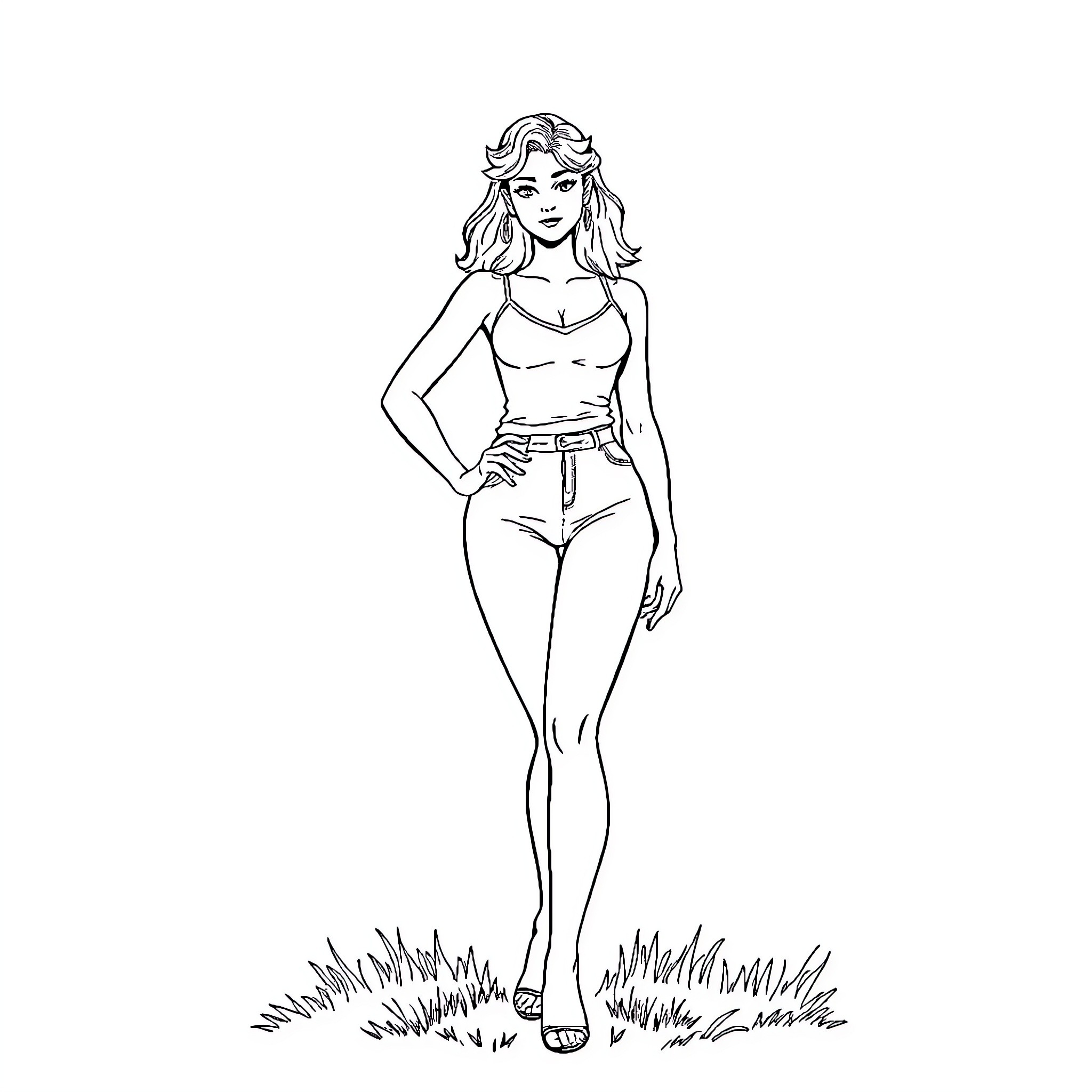 Woman in casual summer outfit posing outdoors Coloring Page (free black-and-white line drawing printable PDF for all, from beginners to advanced learners, including children, teens, adults, and seniors)
