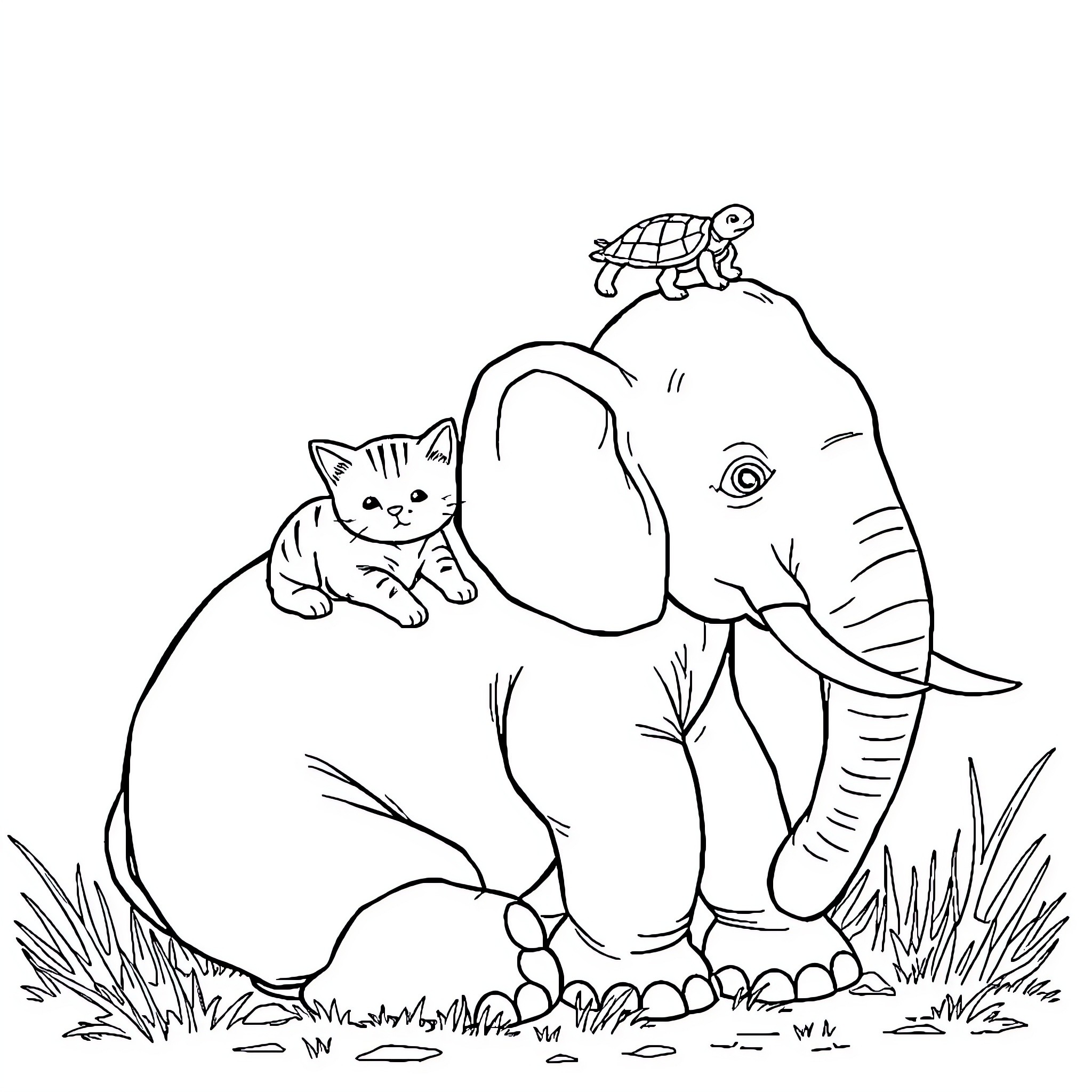 Elephant and cat playing in nature Coloring Page (free black-and-white line drawing printable PDF for all, from beginners to advanced learners, including children, teens, adults, and seniors)