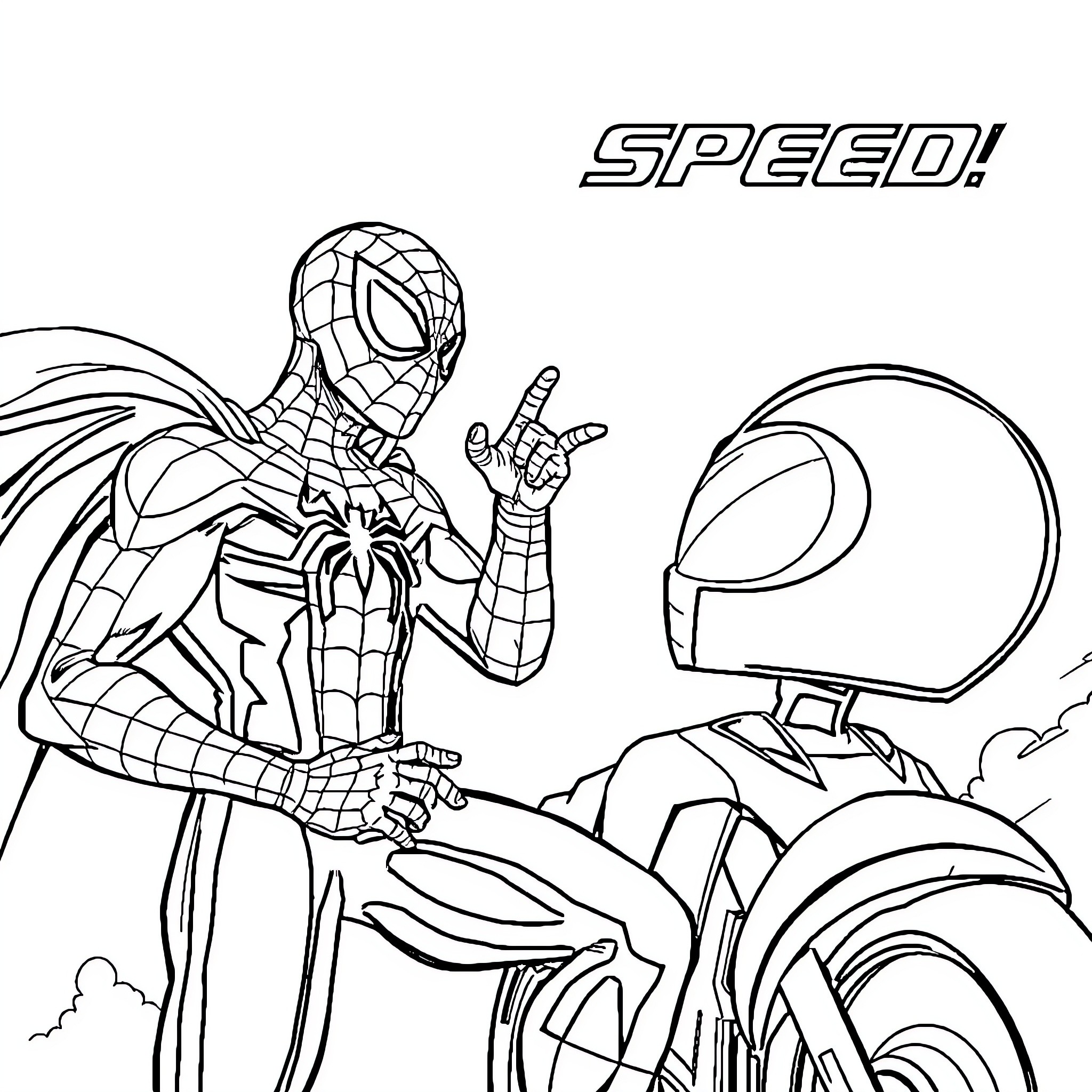 Spiderman riding motorcycle at high speed Coloring Page (free black-and-white line drawing printable PDF for all, from beginners to advanced learners, including children, teens, adults, and seniors)