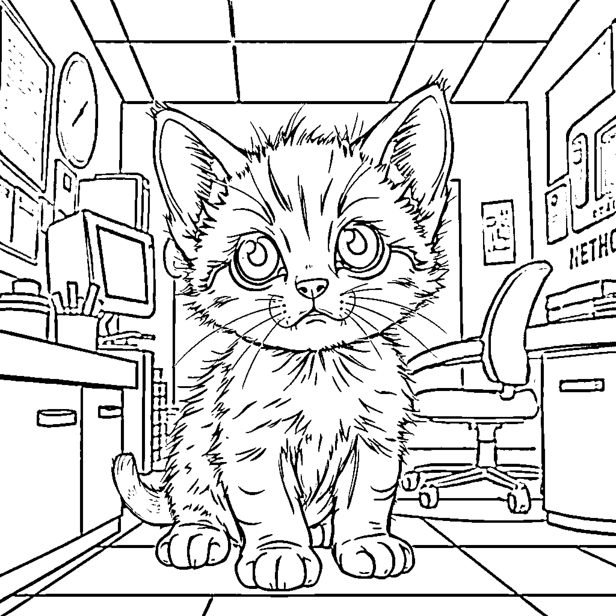 Kitten exploring the office environment Coloring Page (free black-and-white line drawing printable PDF for all, from beginners to advanced learners, including children, teens, adults, and seniors)