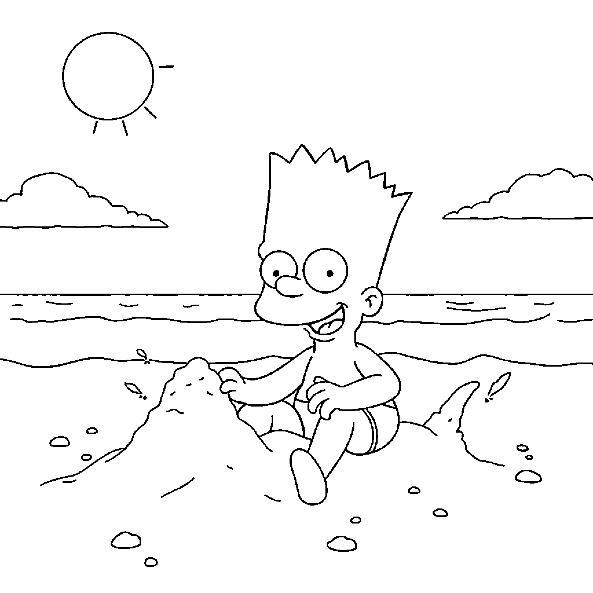 Bart Simpson playing in the ocean Coloring Page (free black-and-white line drawing printable PDF for all, from beginners to advanced learners, including children, teens, adults, and seniors)