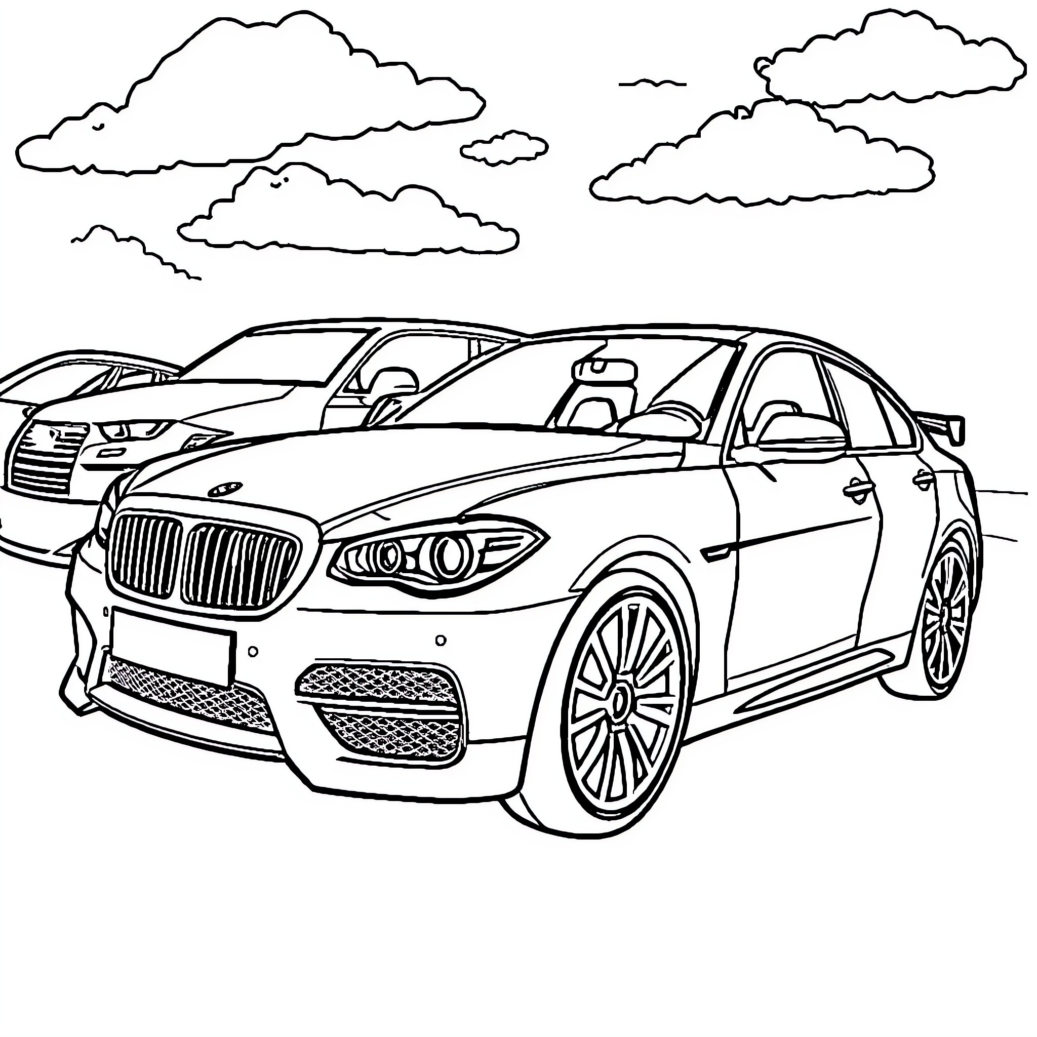 Car parked on cloudy day in city Coloring Page (free black-and-white line drawing printable PDF for all, from beginners to advanced learners, including children, teens, adults, and seniors)