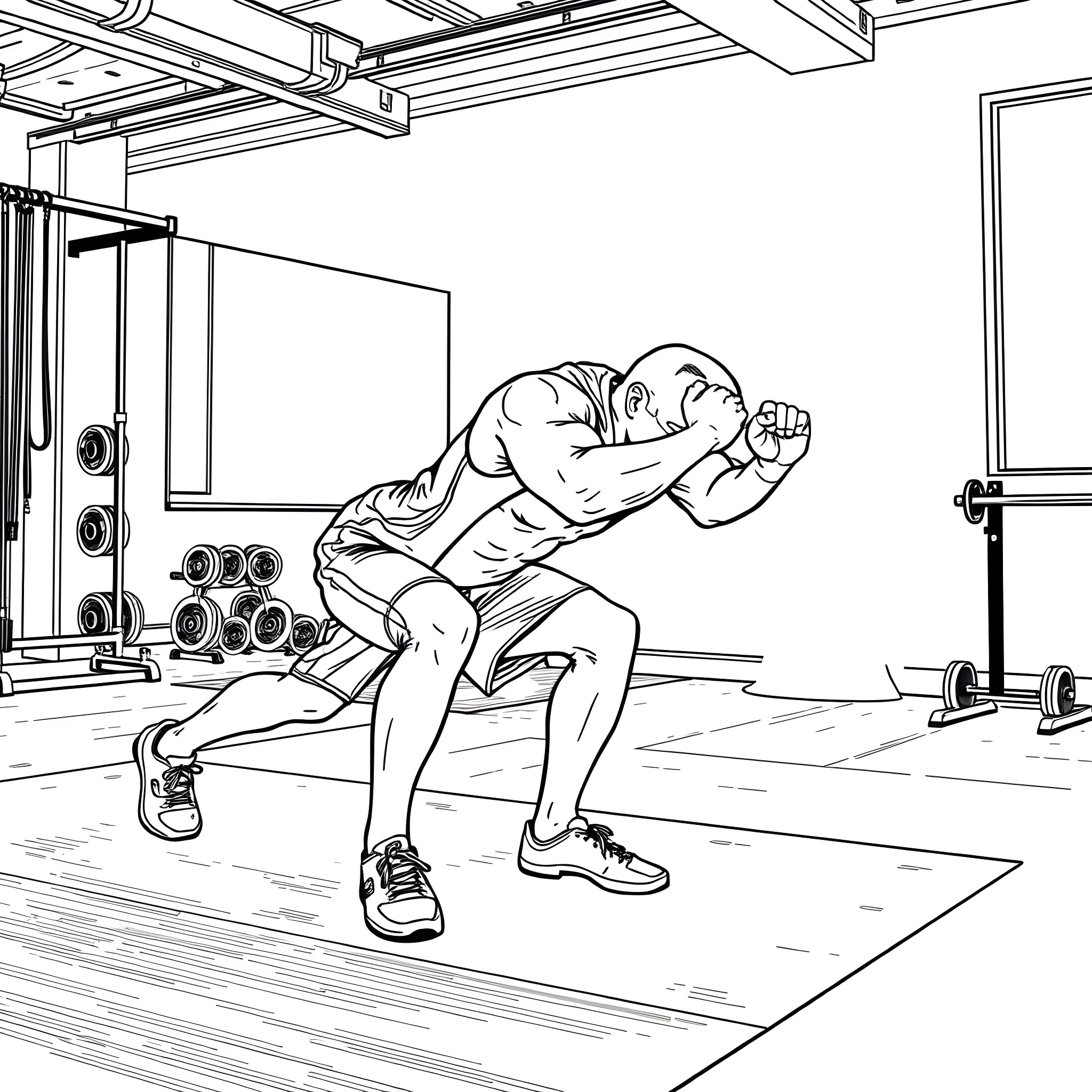 Burpee Workout in Gym Fitness Center Coloring Page (free black-and-white line drawing printable PDF for all, from beginners to advanced learners, including children, teens, adults, and seniors)