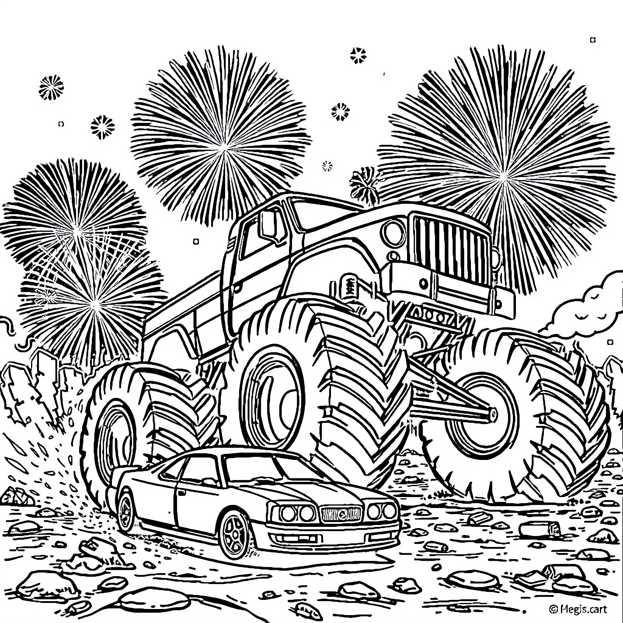 Monster Truck Crushing Cars Under Fireworks Display Coloring Page (free black-and-white line drawing printable PDF for all, from beginners to advanced learners, including children, teens, adults, and seniors)