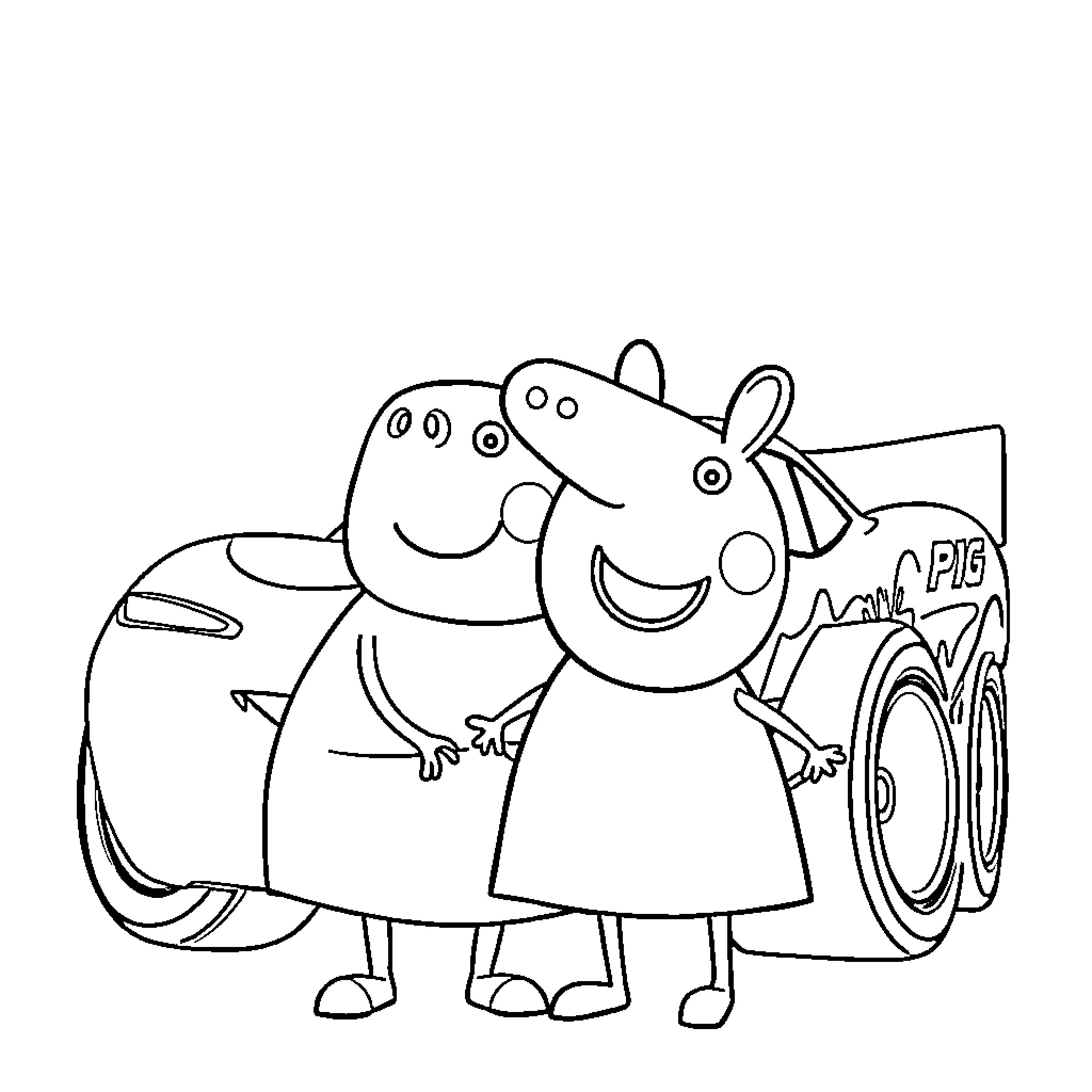 Lightning McQueen and Peppa Pig in a fun adventure Coloring Page (free black-and-white line drawing printable PDF for all, from beginners to advanced learners, including children, teens, adults, and seniors)