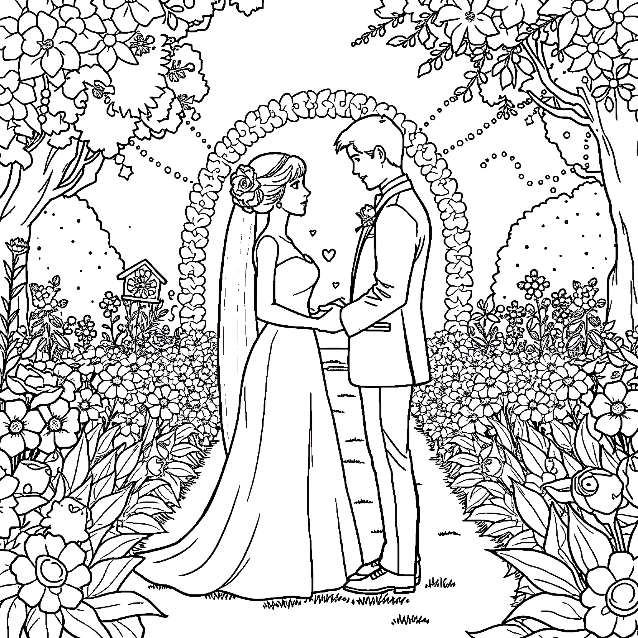 Rose-petal Courtship: A Romantic Encounter in Nature Coloring Page (free black-and-white line drawing printable PDF for all, from beginners to advanced learners, including children, teens, adults, and seniors)