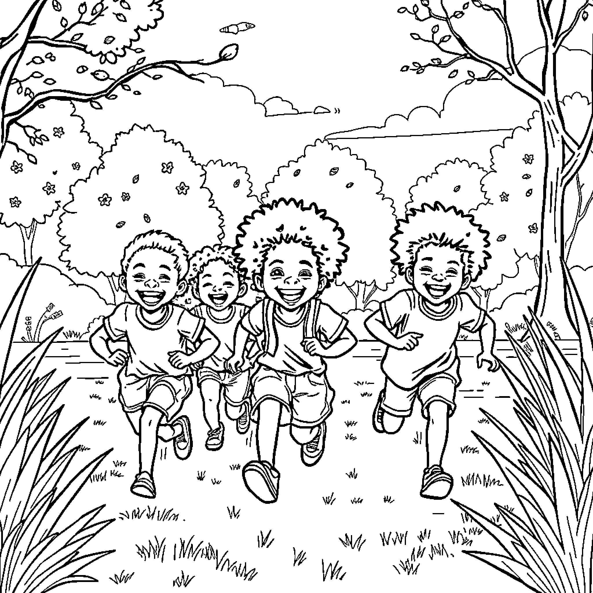 Child playing happily with friends in nature Coloring Page (free black-and-white line drawing printable PDF for all, from beginners to advanced learners, including children, teens, adults, and seniors)