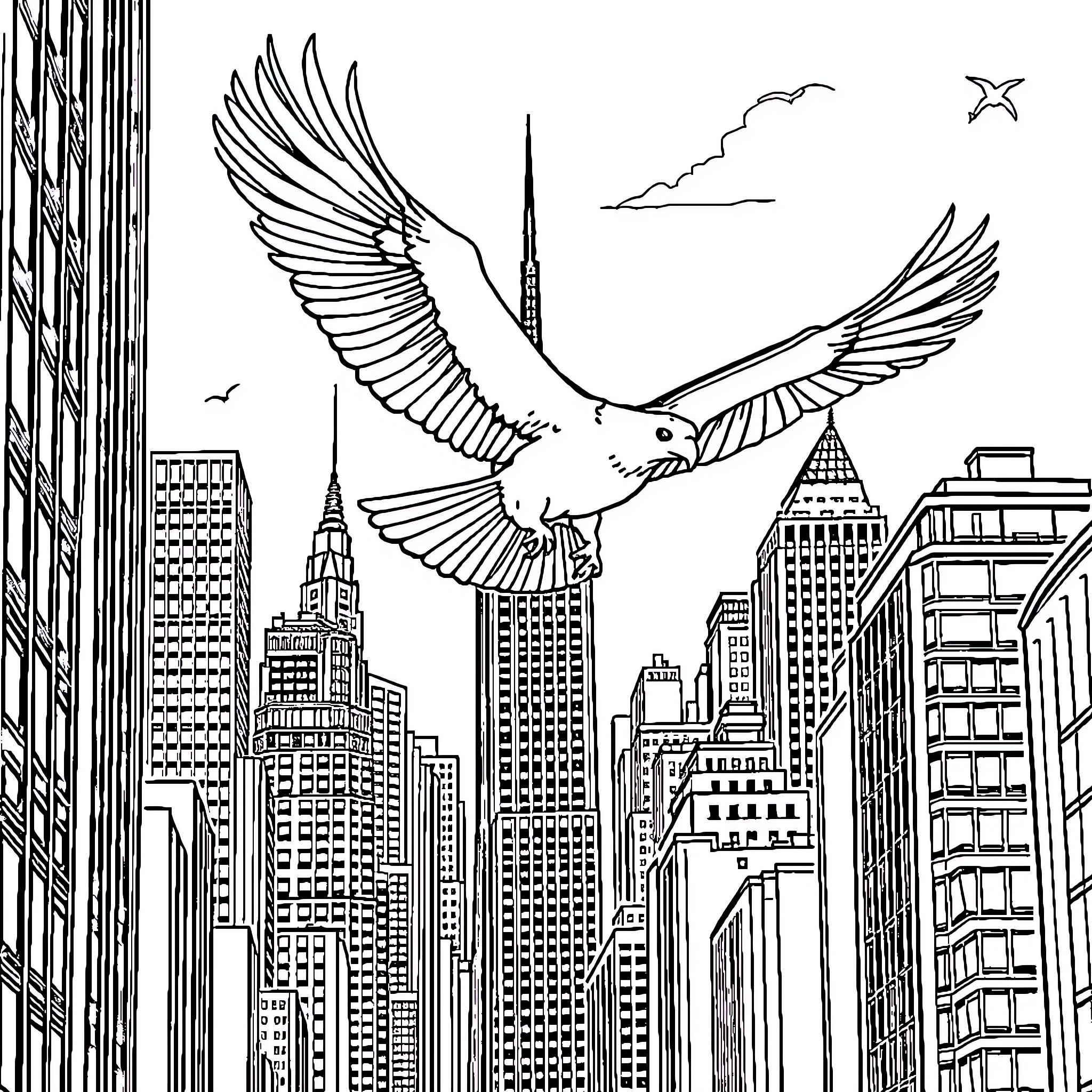Bird soaring over the city skyline Coloring Page (free black-and-white line drawing printable PDF for all, from beginners to advanced learners, including children, teens, adults, and seniors)