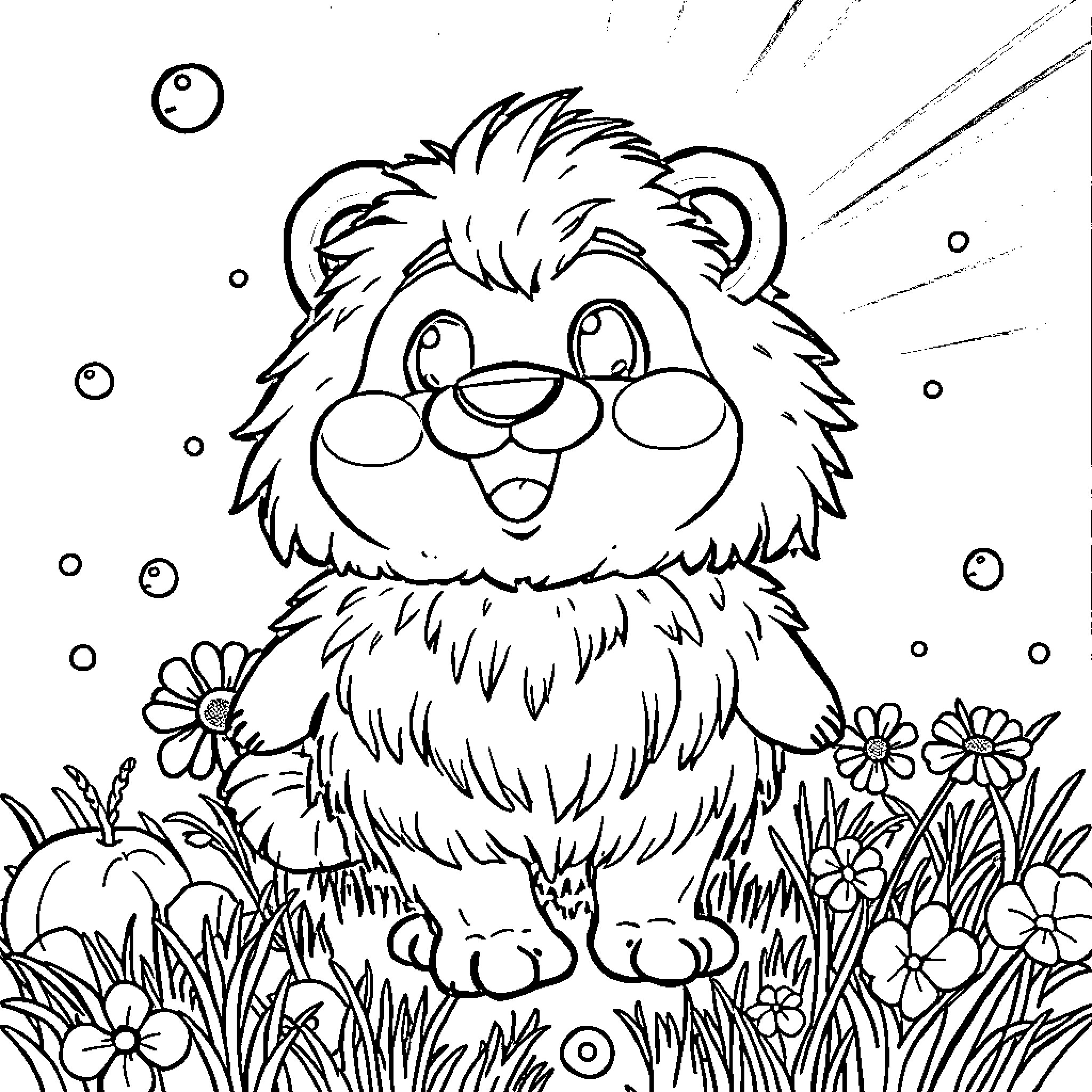 Labubu playing happily in the flower garden Coloring Page (free black-and-white line drawing printable PDF for all, from beginners to advanced learners, including children, teens, adults, and seniors)