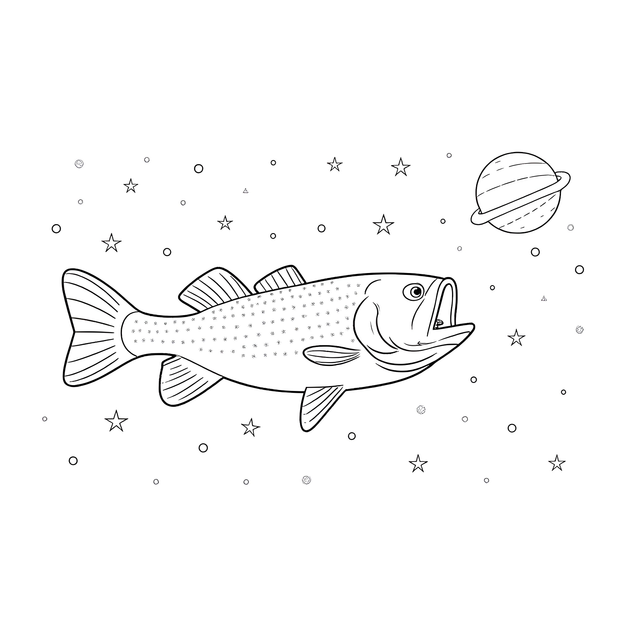 Bass swimming in the cosmic ocean Coloring Page (free black-and-white line drawing printable PDF for all, from beginners to advanced learners, including children, teens, adults, and seniors)