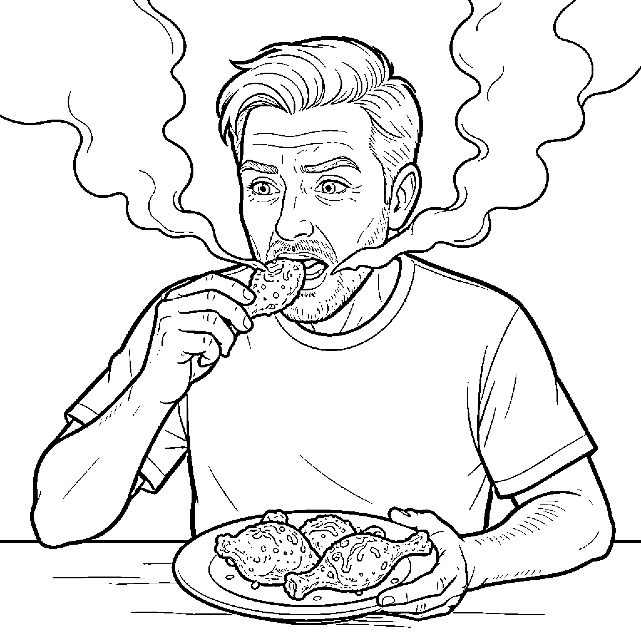 Homme eating hot steaming food with intensity Coloring Page (free black-and-white line drawing printable PDF for all, from beginners to advanced learners, including children, teens, adults, and seniors)
