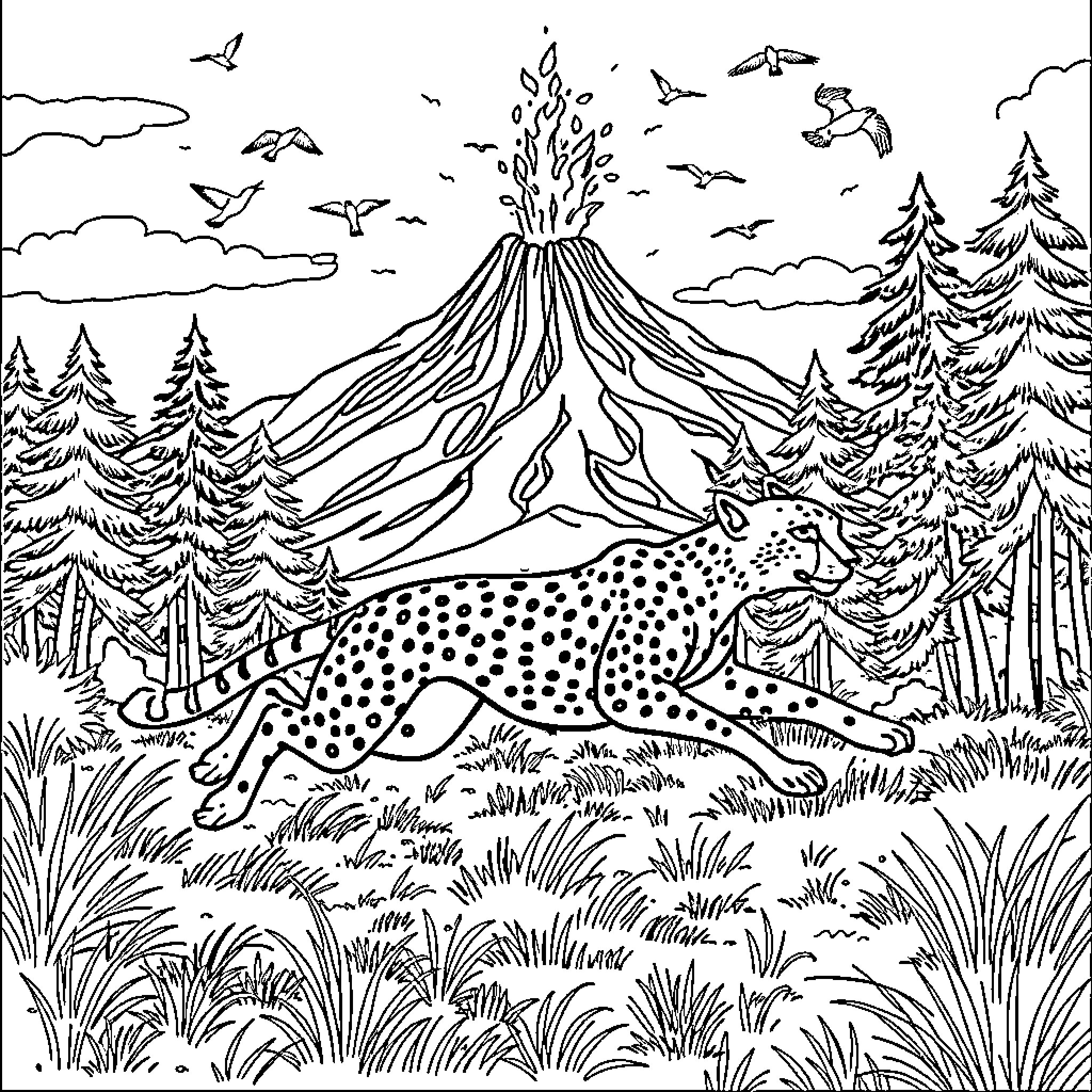 Cheetah prowling through the volcanic landscape Coloring Page (free black-and-white line drawing printable PDF for all, from beginners to advanced learners, including children, teens, adults, and seniors)