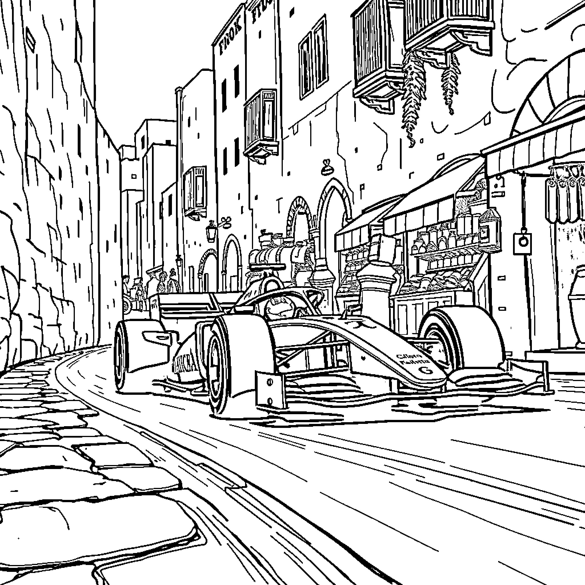 Formula One Car Racing Through Urban Streets Coloring Page (free black-and-white line drawing printable PDF for all, from beginners to advanced learners, including children, teens, adults, and seniors)