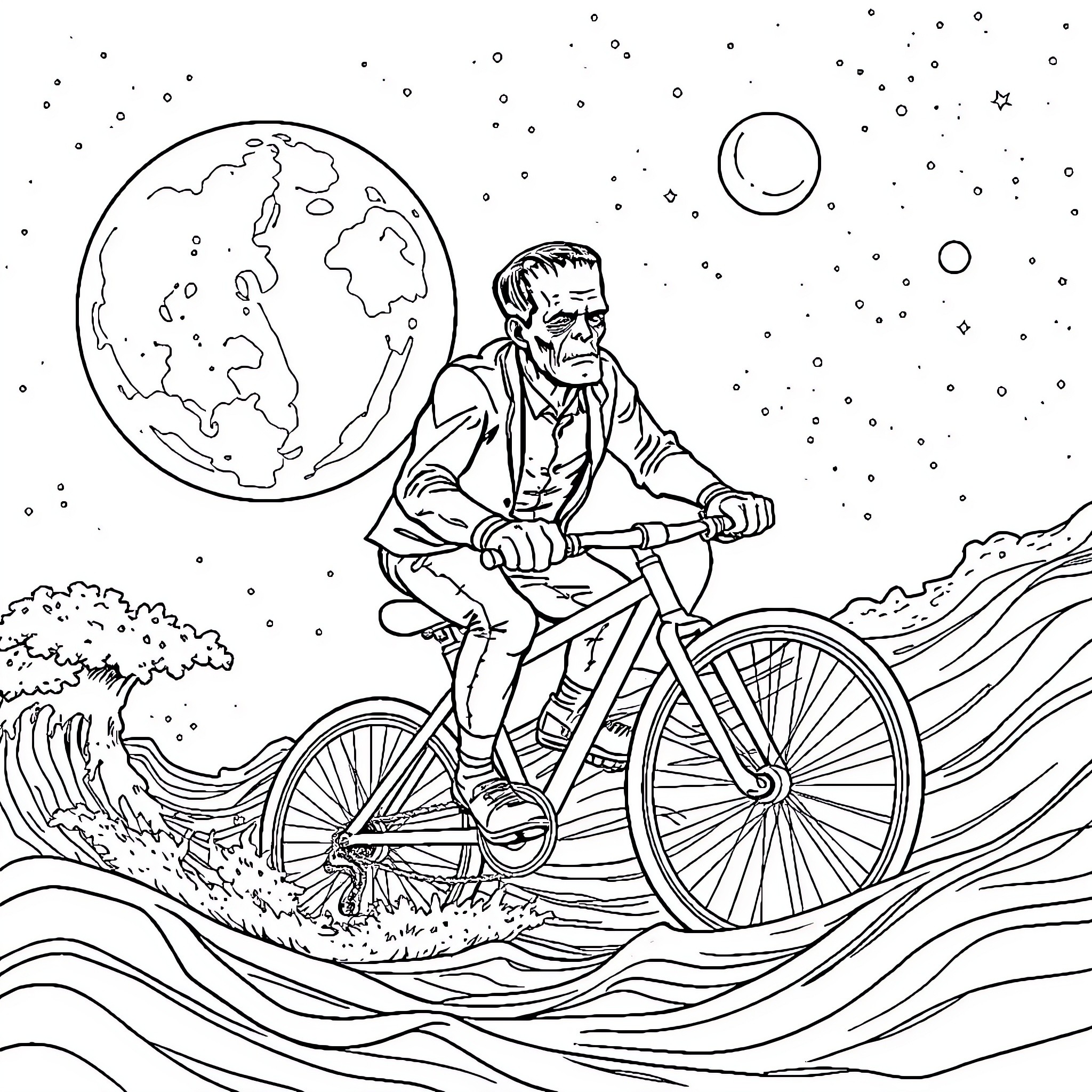 Frankenstein's Ride Through the Cosmic Landscape Coloring Page (free black-and-white line drawing printable PDF for all, from beginners to advanced learners, including children, teens, adults, and seniors)