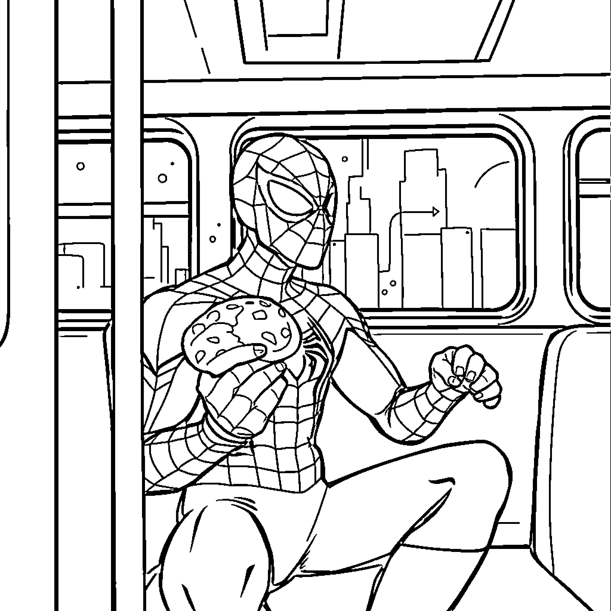 Spider-Man swinging through the city on a webline Coloring Page (free black-and-white line drawing printable PDF for all, from beginners to advanced learners, including children, teens, adults, and seniors)