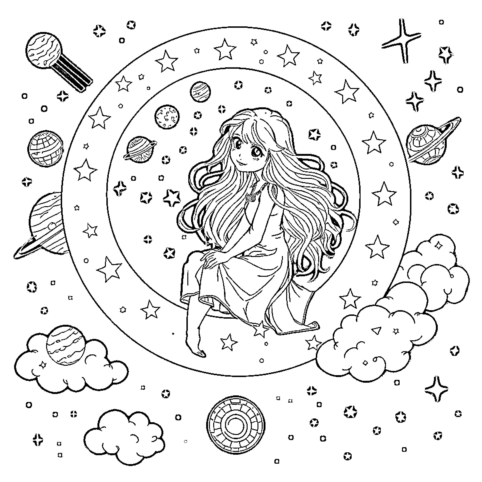 Girl seated among stars and planets in a celestial scene Coloring Page (free black-and-white line drawing printable PDF for all, from beginners to advanced learners, including children, teens, adults, and seniors)