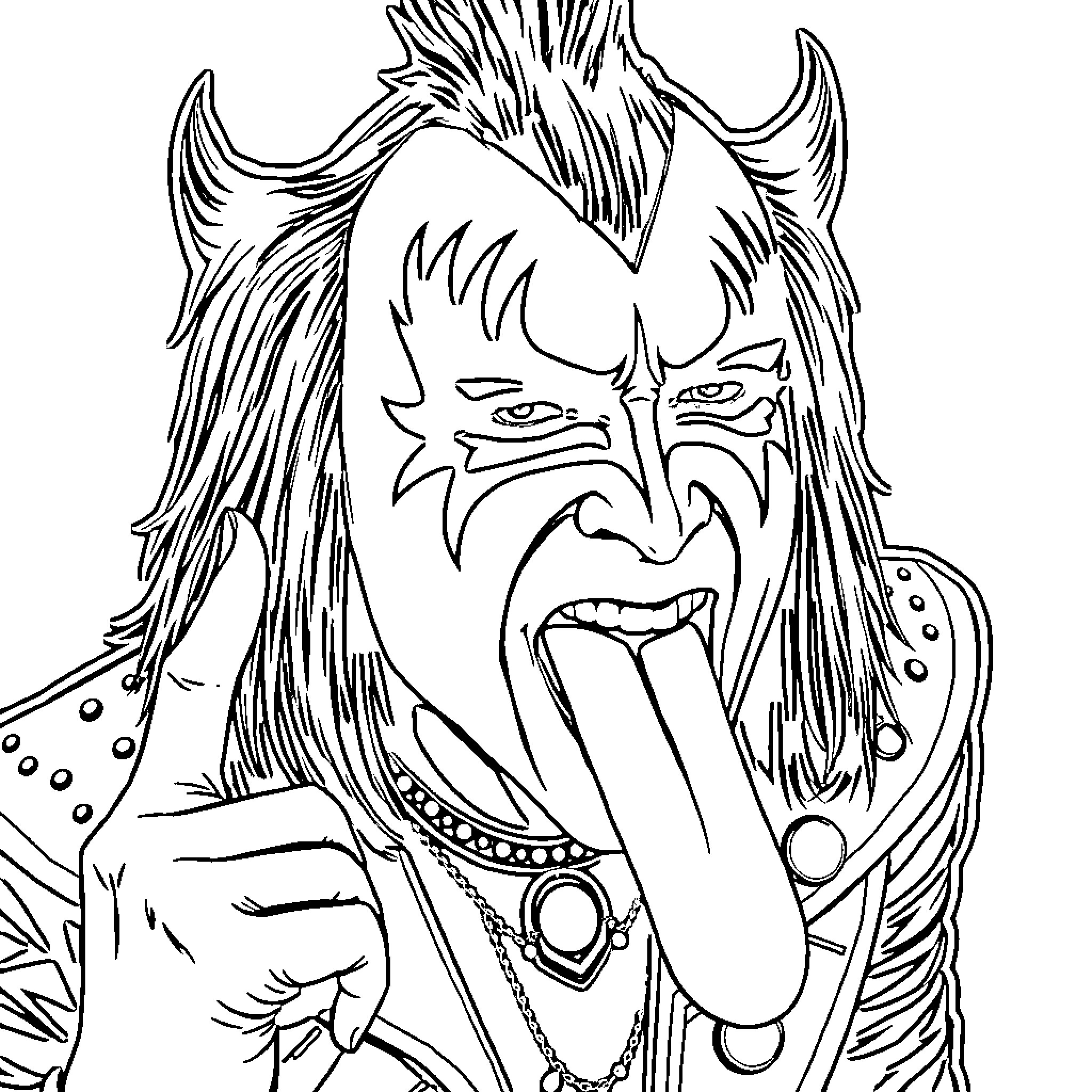 Gene Simmons in Dramatic Rock Star Pose Coloring Page (free black-and-white line drawing printable PDF for all, from beginners to advanced learners, including children, teens, adults, and seniors)