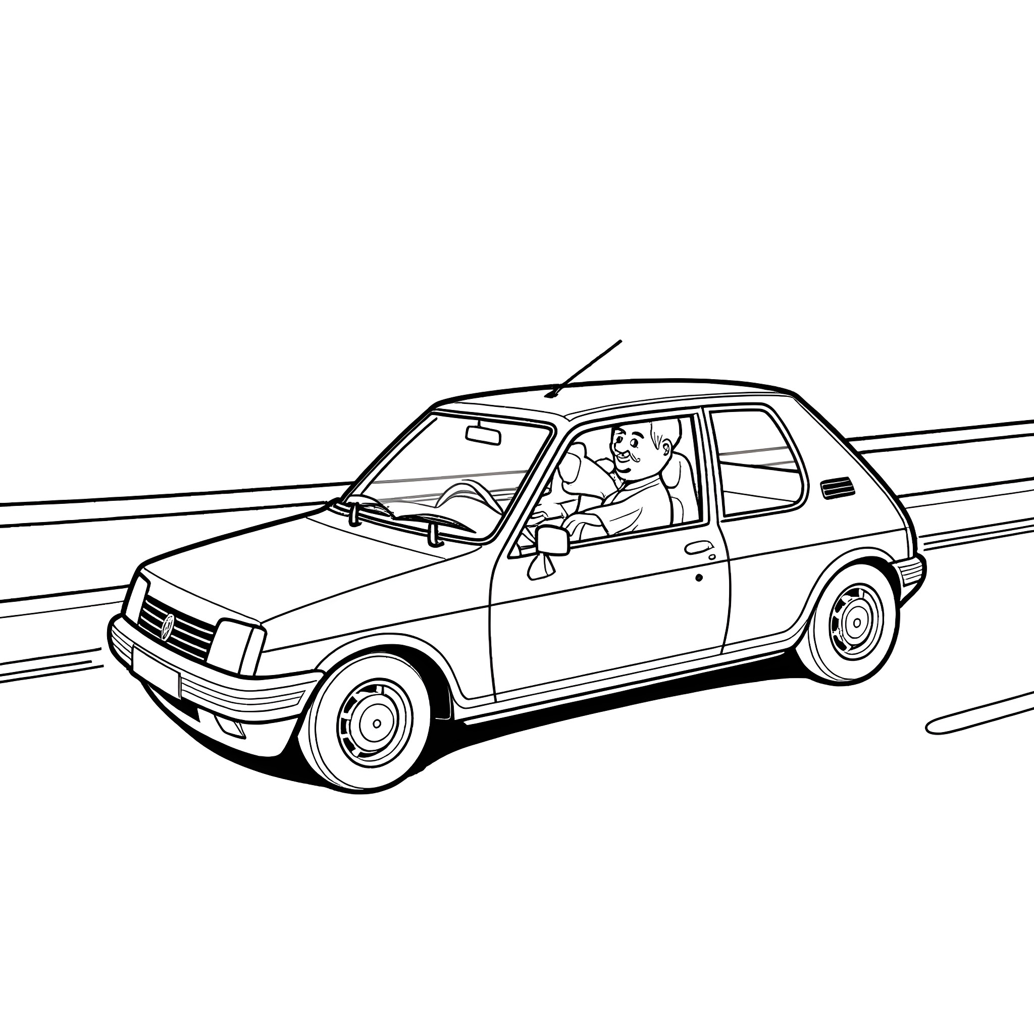 Woody driving a compact car on the road Coloring Page (free black-and-white line drawing printable PDF for all, from beginners to advanced learners, including children, teens, adults, and seniors)