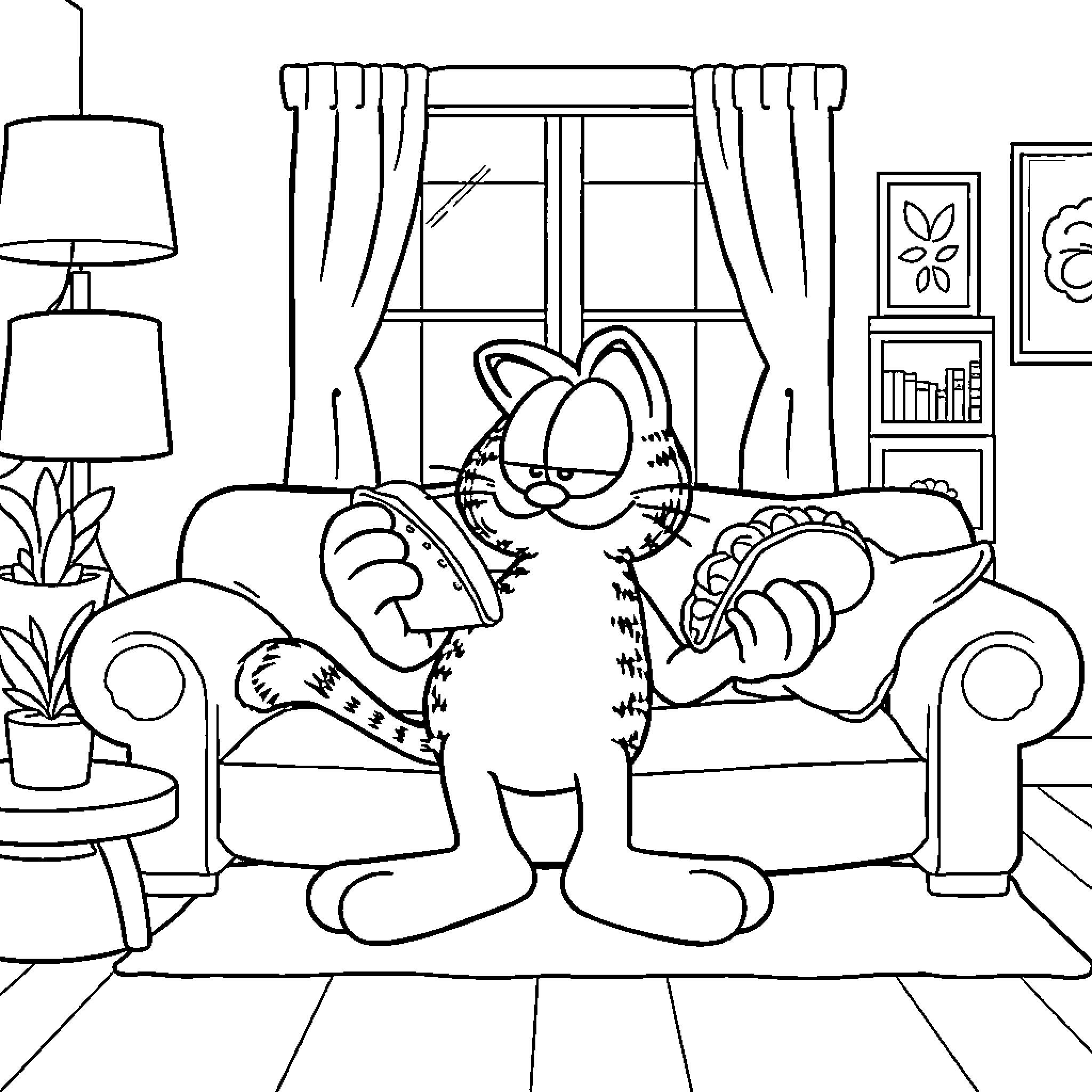 Garfield napping comfortably on the couch Coloring Page (free black-and-white line drawing printable PDF for all, from beginners to advanced learners, including children, teens, adults, and seniors)