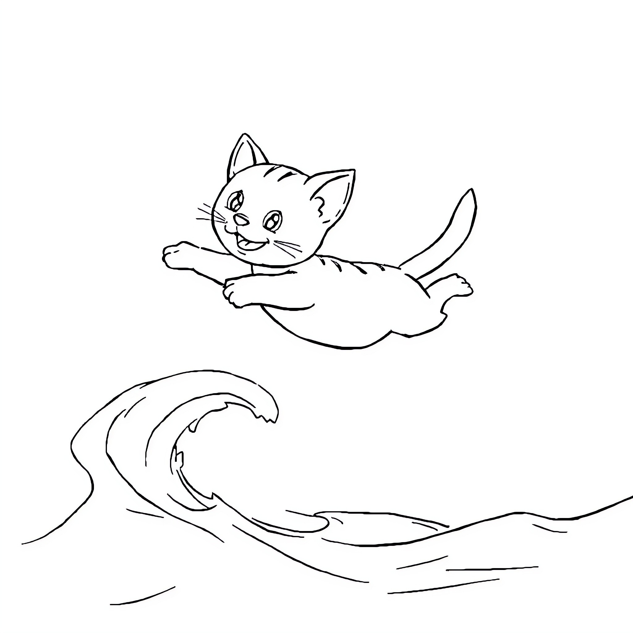 Kitten swimming happily in the waves Coloring Page (free black-and-white line drawing printable PDF for all, from beginners to advanced learners, including children, teens, adults, and seniors)