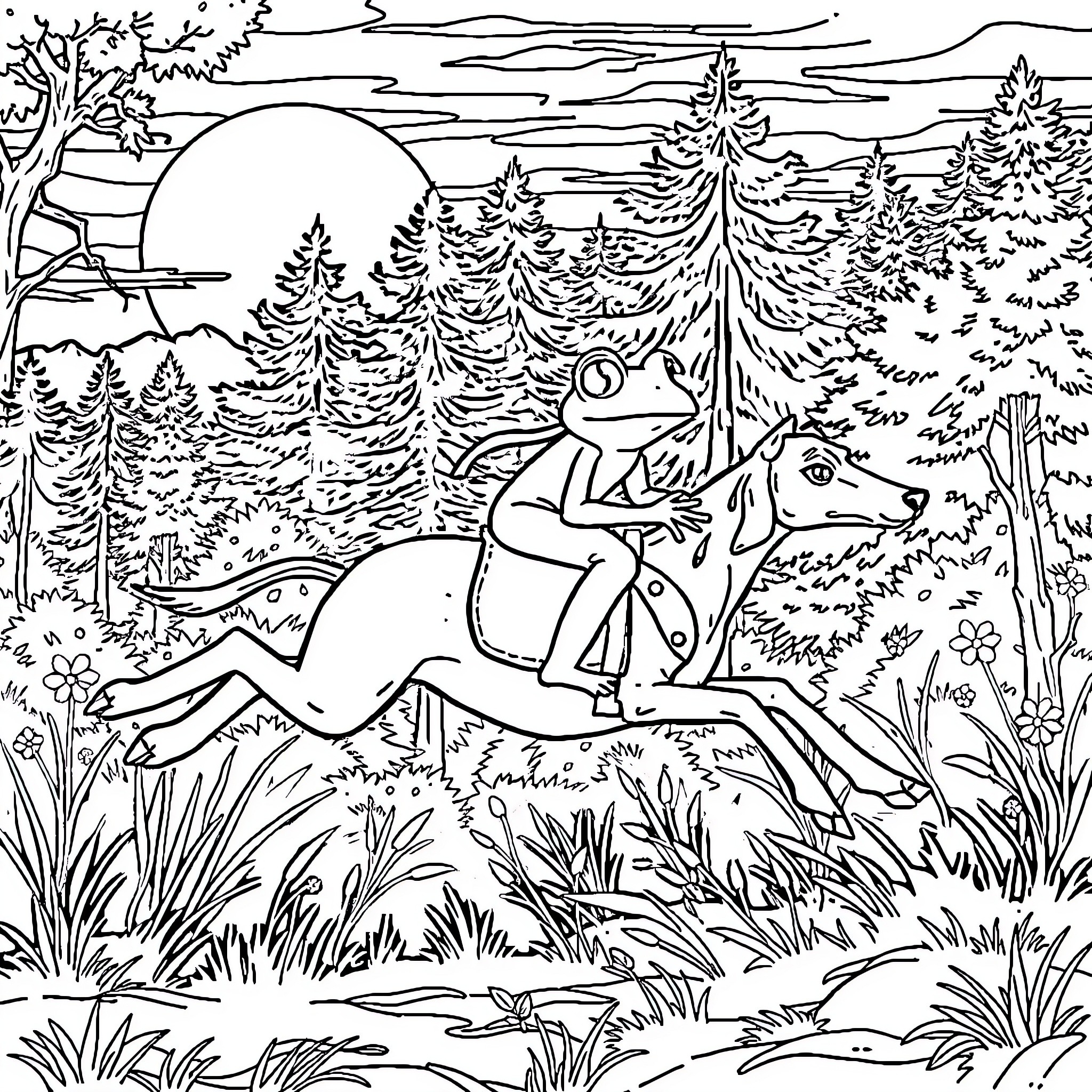Frog riding a deer through the forest Coloring Page (free black-and-white line drawing printable PDF for all, from beginners to advanced learners, including children, teens, adults, and seniors)