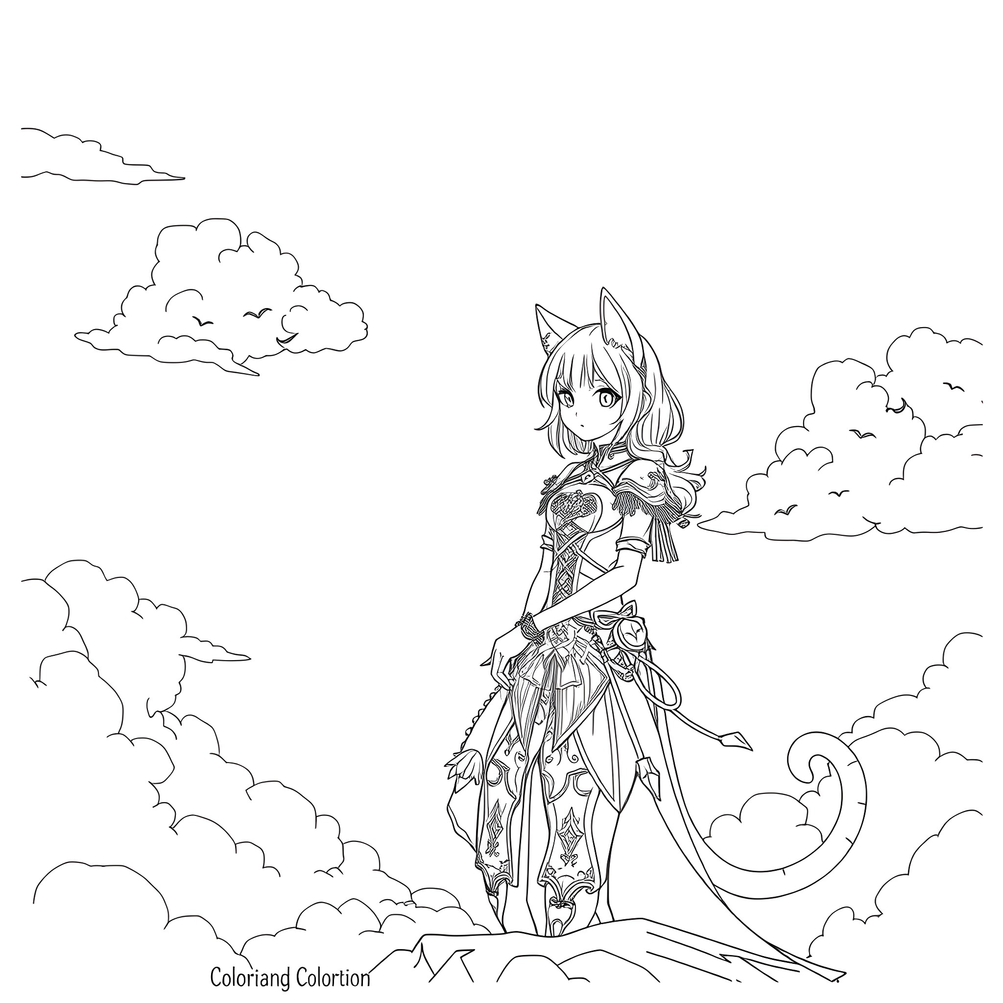 Catgirl in Fantastical Dress and Gear Coloring Page (free black-and-white line drawing printable PDF for all, from beginners to advanced learners, including children, teens, adults, and seniors)
