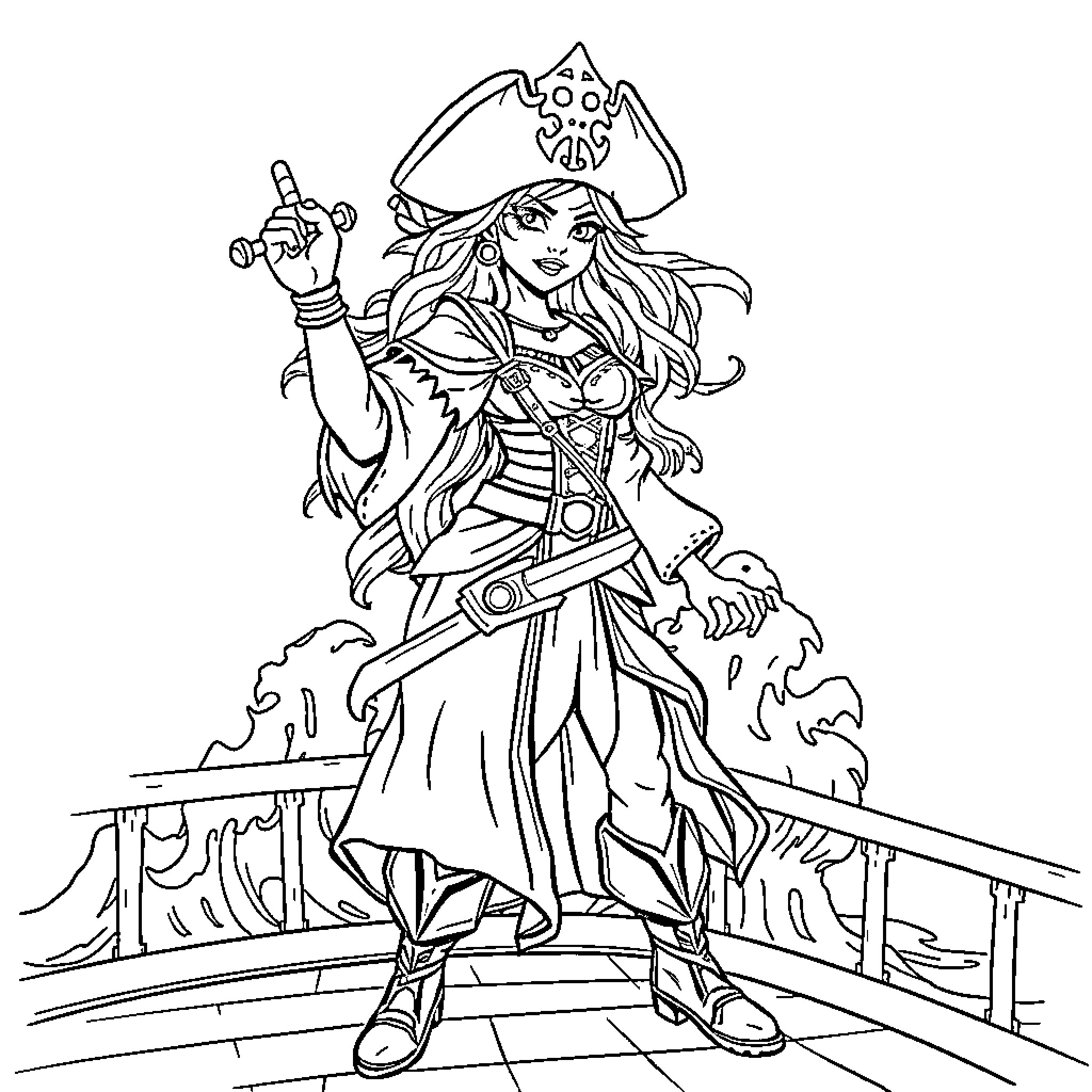 Pirate Princess commanding the ship with confidence Coloring Page (free black-and-white line drawing printable PDF for all, from beginners to advanced learners, including children, teens, adults, and seniors)