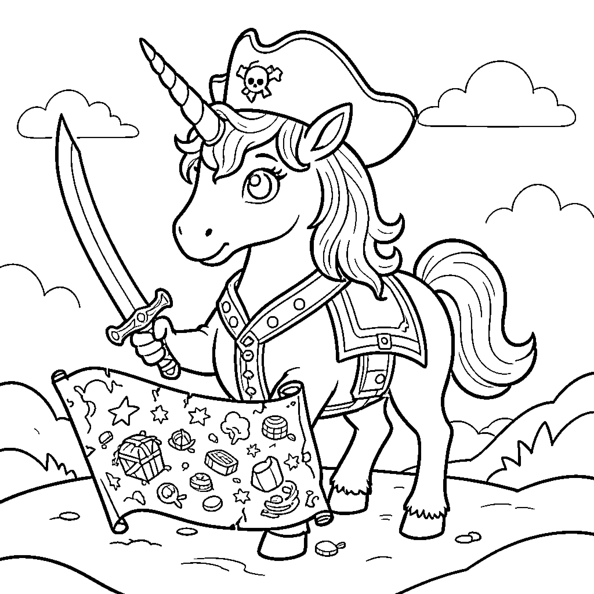 Pirate Unicorn holding a sword and treasure map Coloring Page (free black-and-white line drawing printable PDF for all, from beginners to advanced learners, including children, teens, adults, and seniors)