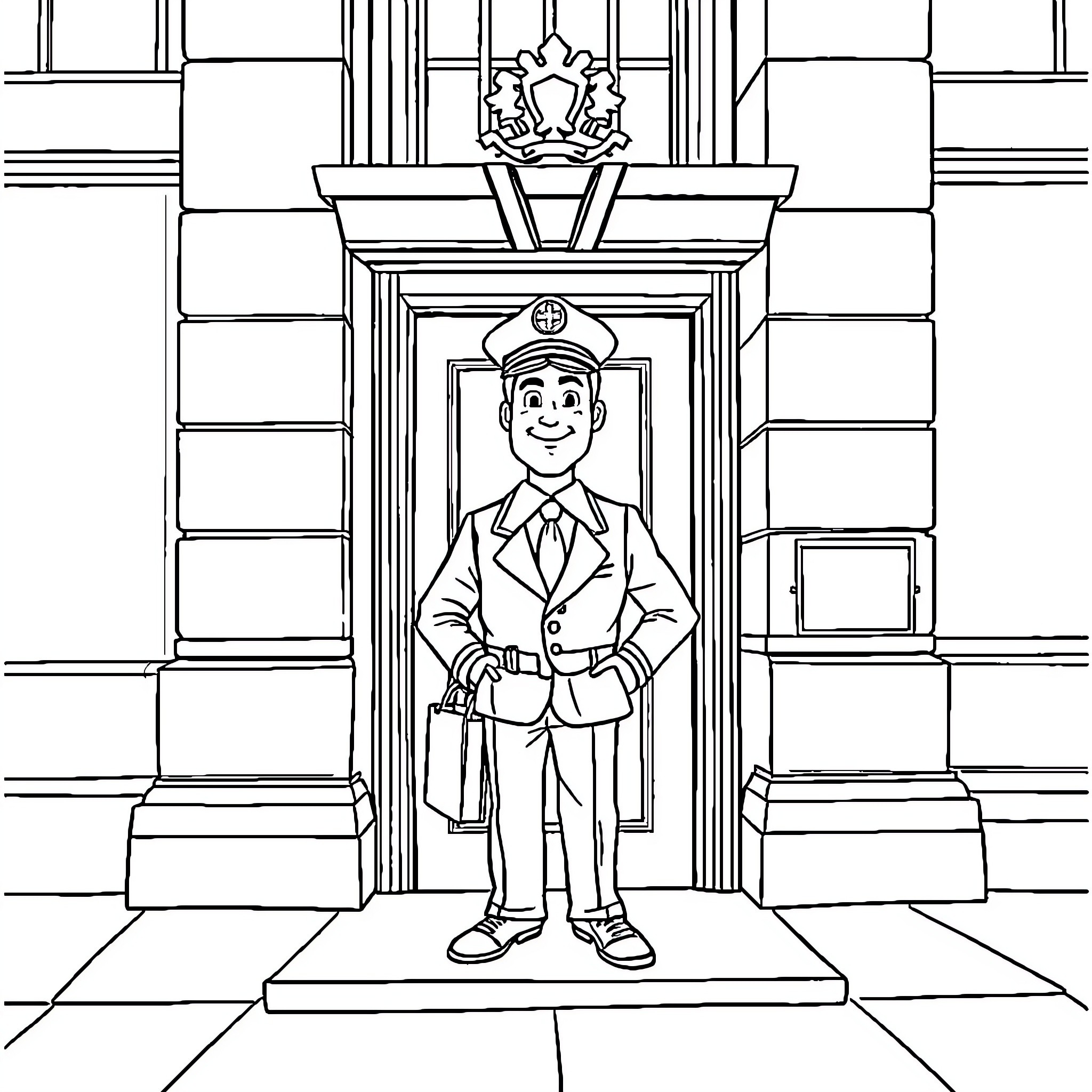 Doreman Standing Proudly at the Ornate Entrance Coloring Page (free black-and-white line drawing printable PDF for all, from beginners to advanced learners, including children, teens, adults, and seniors)