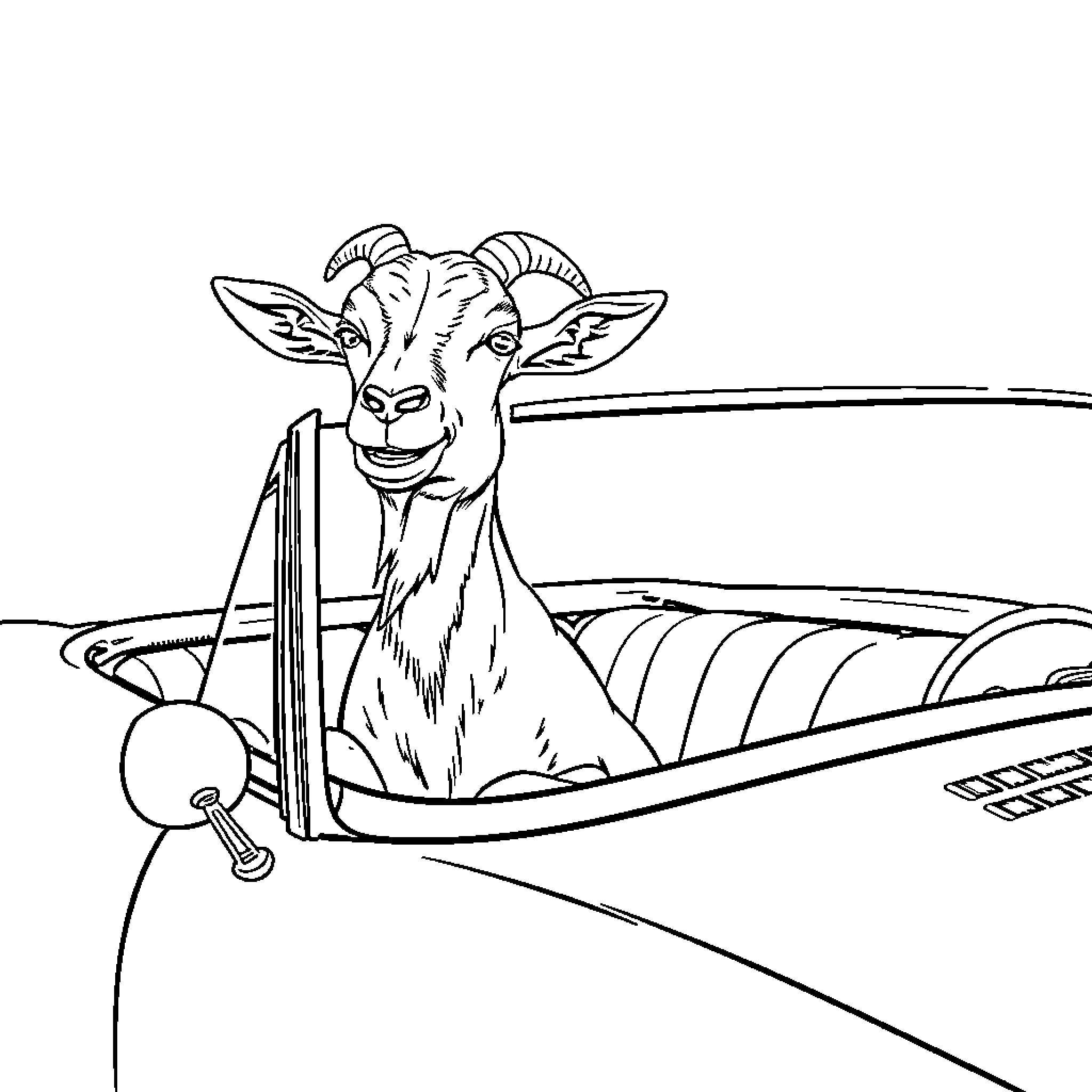 Goat riding a vintage car Coloring Page (free black-and-white line drawing printable PDF for all, from beginners to advanced learners, including children, teens, adults, and seniors)