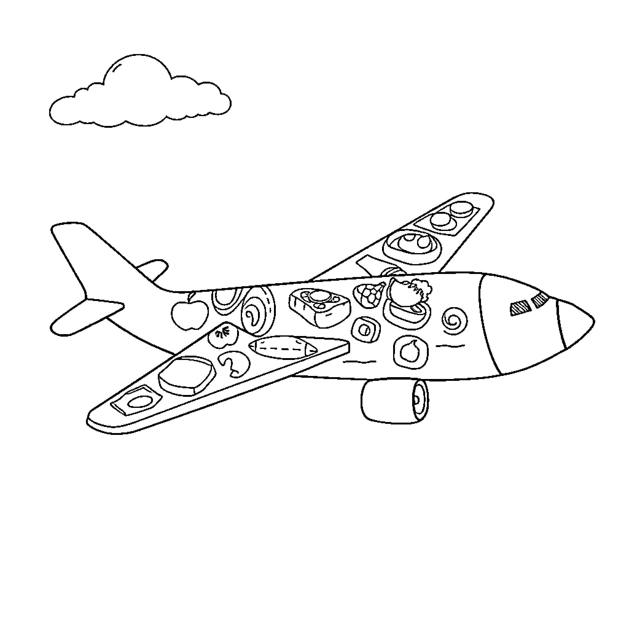 Plane with various food items on it Coloring Page (free black-and-white line drawing printable PDF for all, from beginners to advanced learners, including children, teens, adults, and seniors)