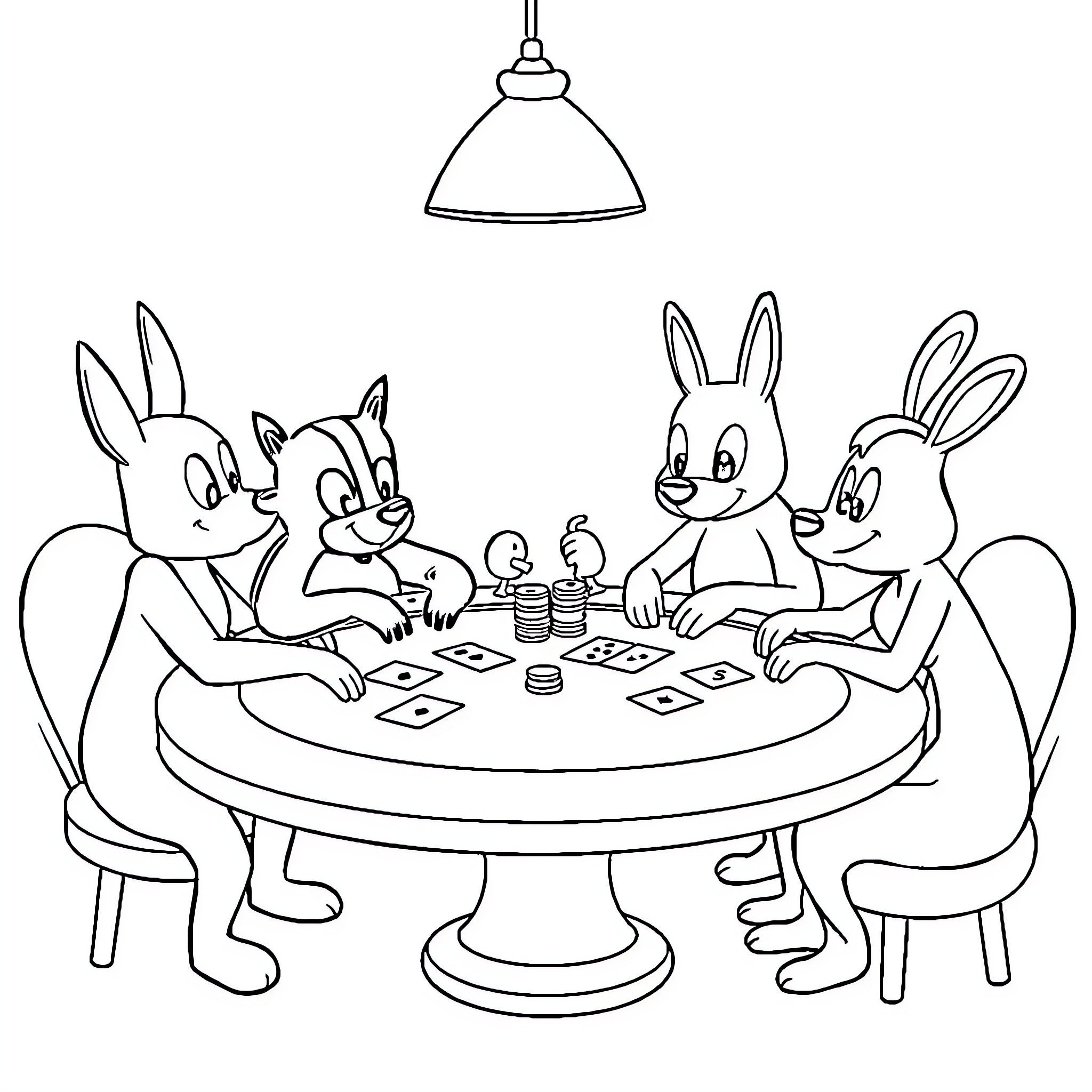 Riri Fifi et Loulou playing cards at the table Coloring Page (free black-and-white line drawing printable PDF for all, from beginners to advanced learners, including children, teens, adults, and seniors)