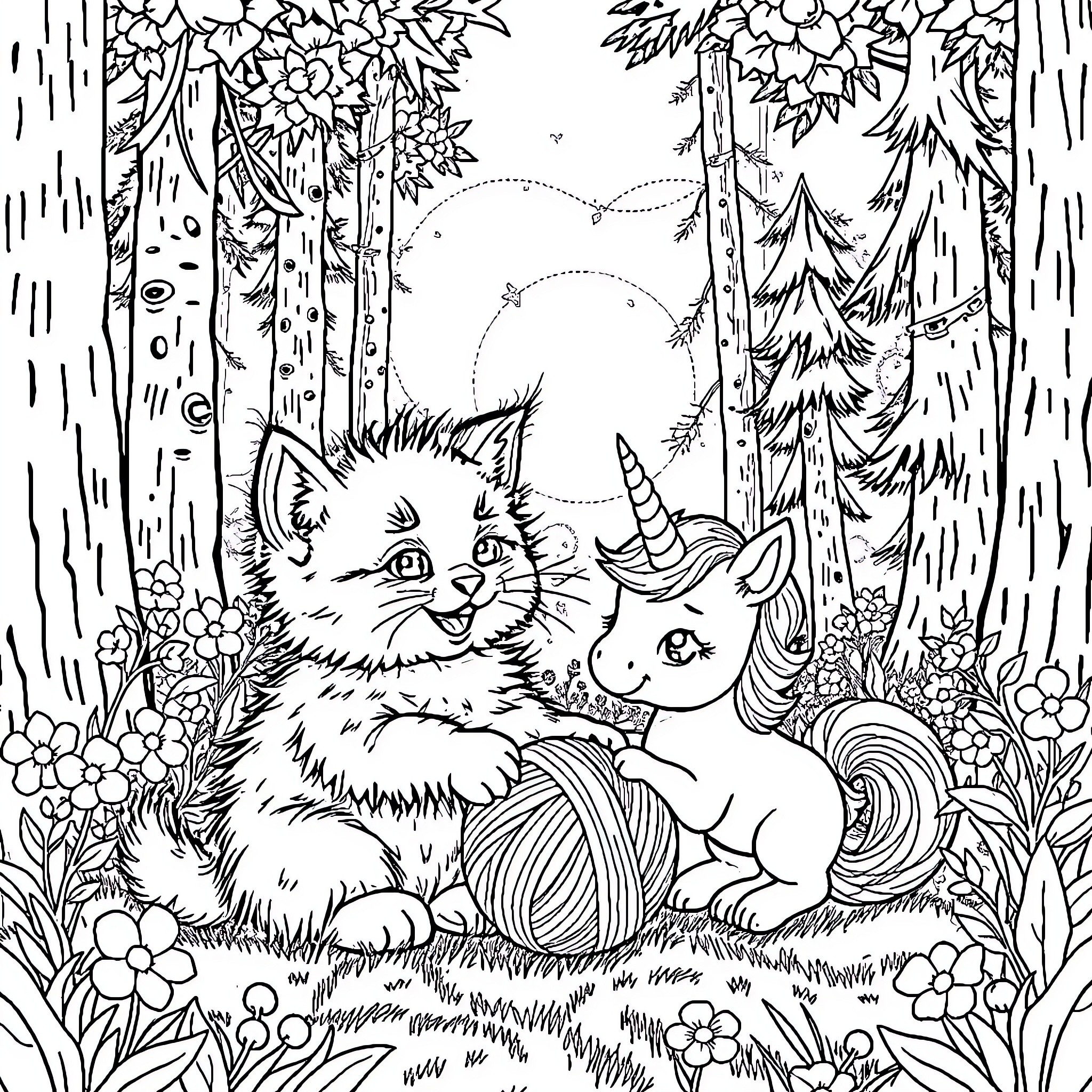 Kitten and unicorn relaxing in enchanted forest Coloring Page (free black-and-white line drawing printable PDF for all, from beginners to advanced learners, including children, teens, adults, and seniors)