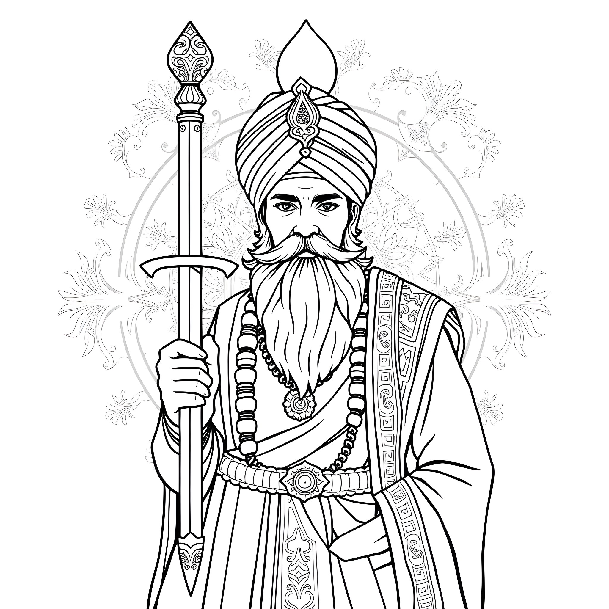 Sikh Man Holding a Sword in Traditional Attire Coloring Page (free black-and-white line drawing printable PDF for all, from beginners to advanced learners, including children, teens, adults, and seniors)