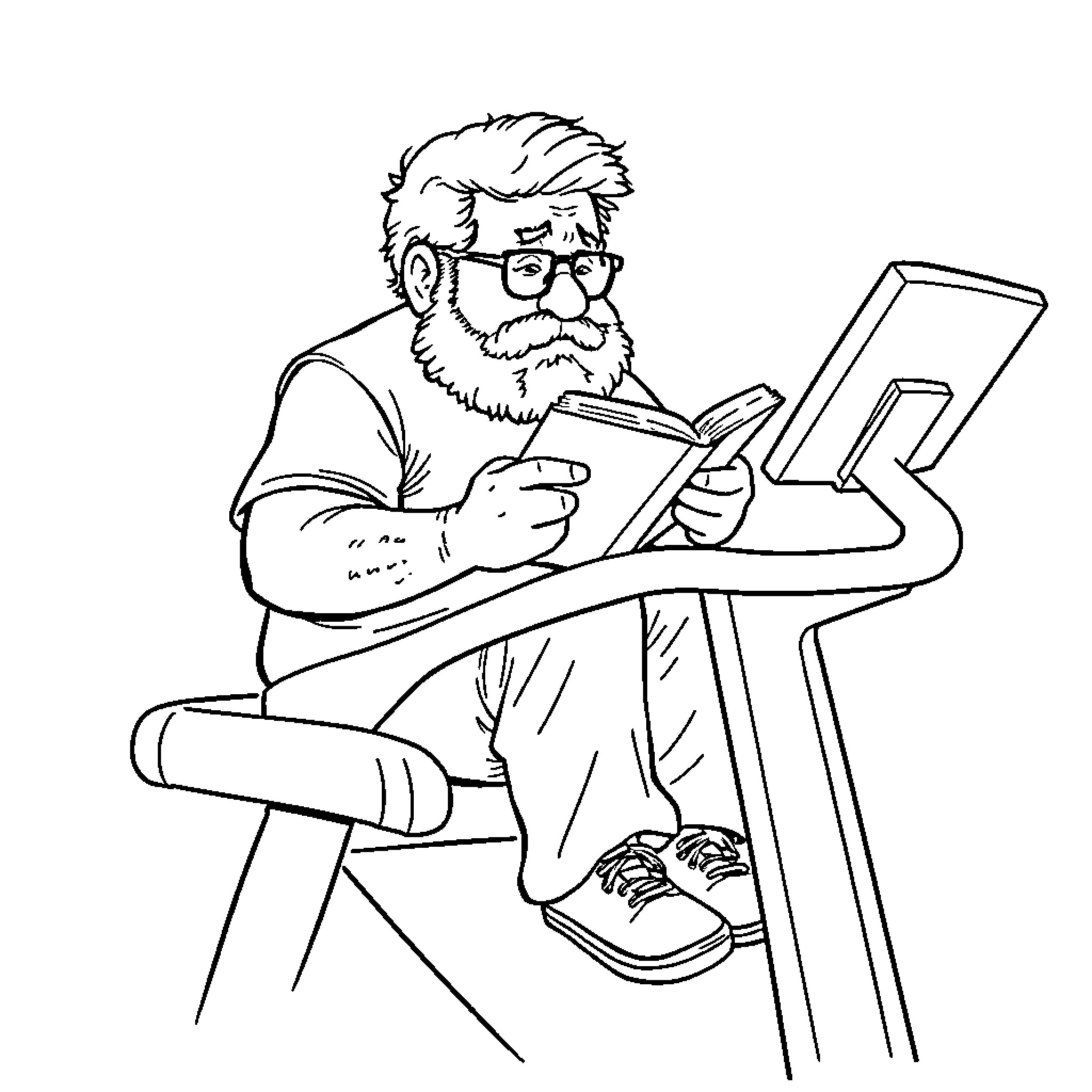 Danny DeVito exercising while reading a book Coloring Page (free black-and-white line drawing printable PDF for all, from beginners to advanced learners, including children, teens, adults, and seniors)