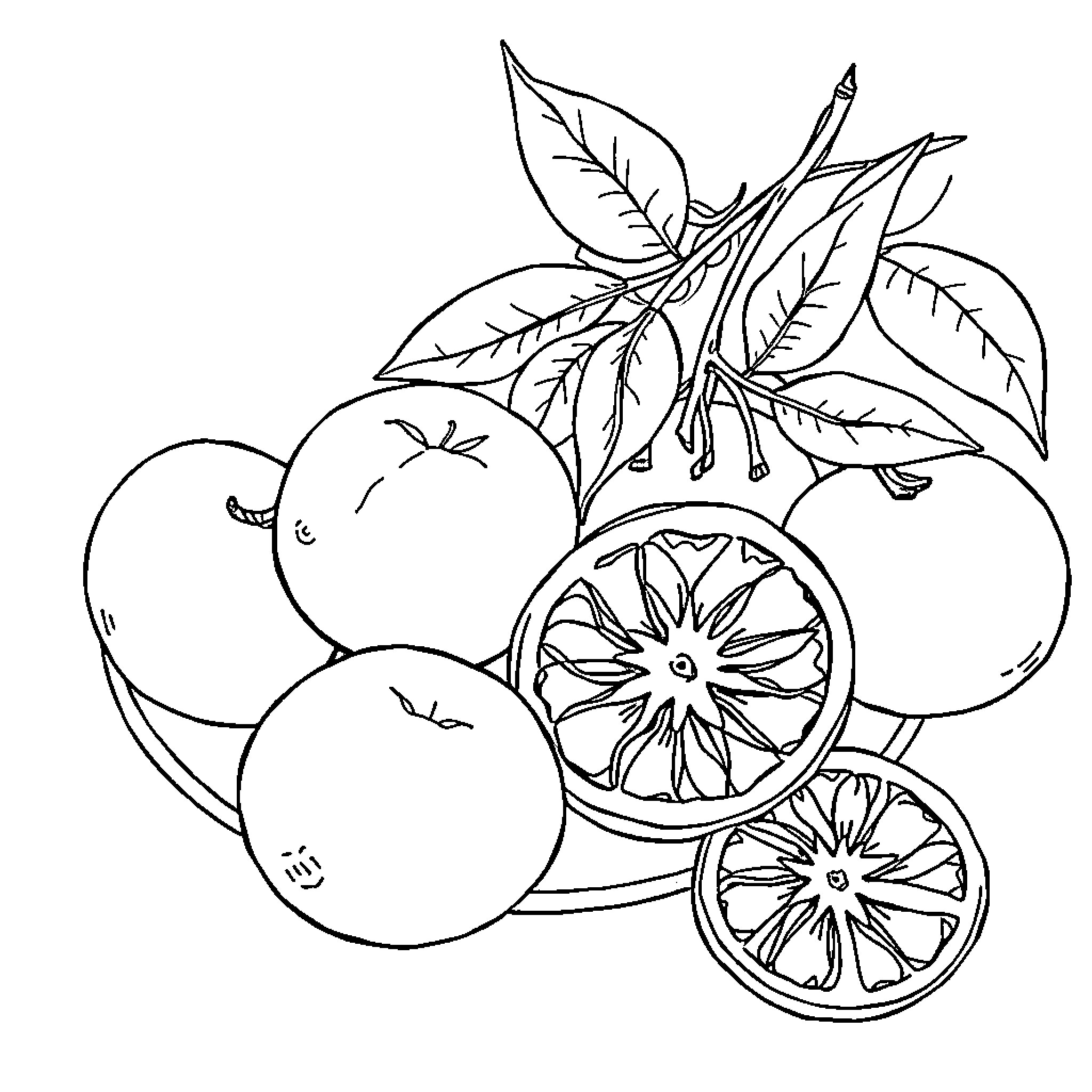 Cookie Bunch of Tasty Citrus Fruits Coloring Page (free black-and-white line drawing printable PDF for all, from beginners to advanced learners, including children, teens, adults, and seniors)
