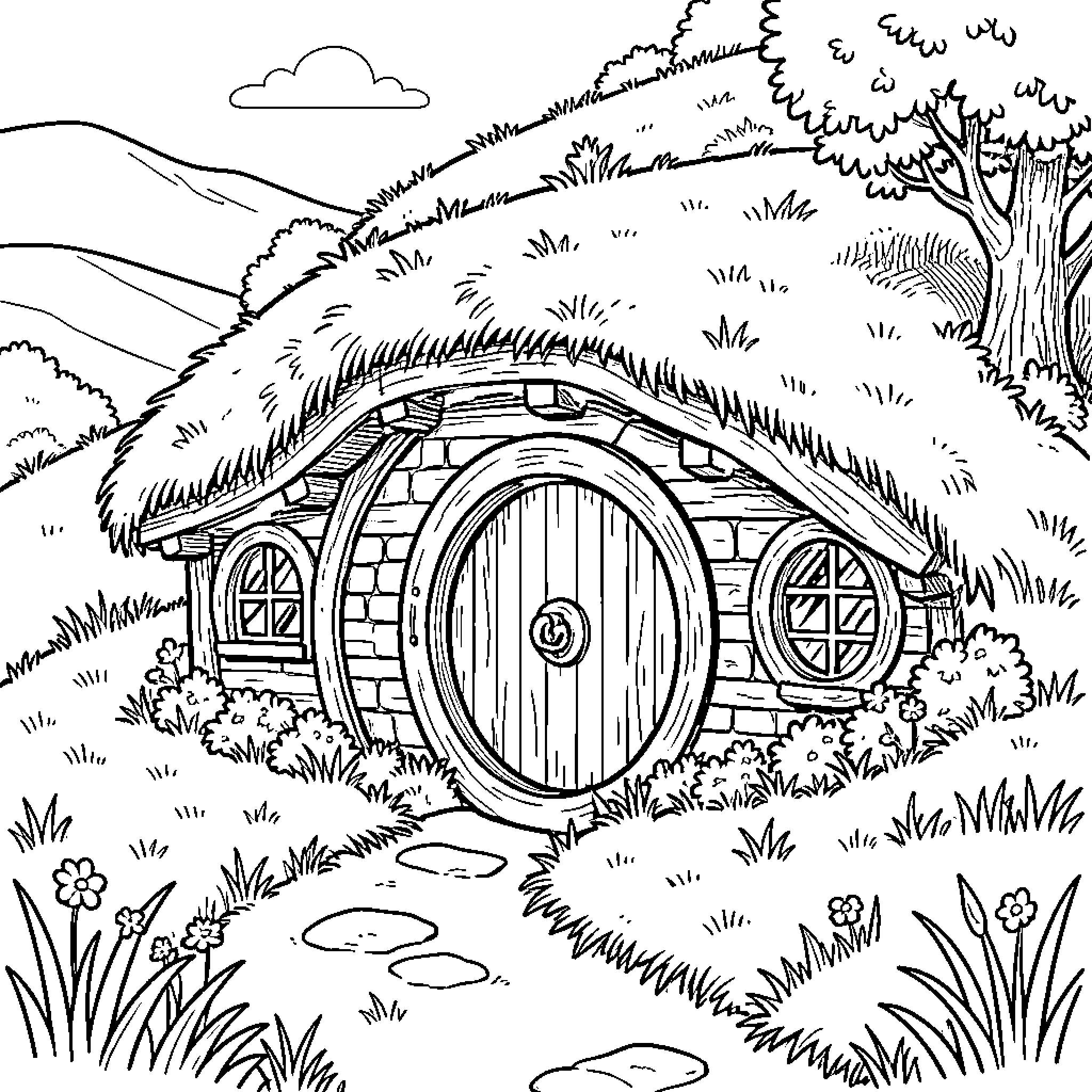Hobbit Hole with Quaint Exterior in Lush Landscape Coloring Page (free black-and-white line drawing printable PDF for all, from beginners to advanced learners, including children, teens, adults, and seniors)