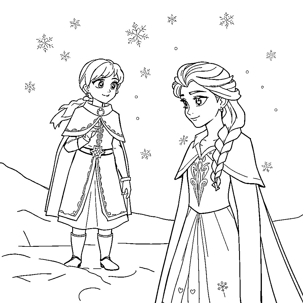 Snow Queen's Enchanting Duo Coloring Page (free black-and-white line drawing printable PDF for all, from beginners to advanced learners, including children, teens, adults, and seniors)