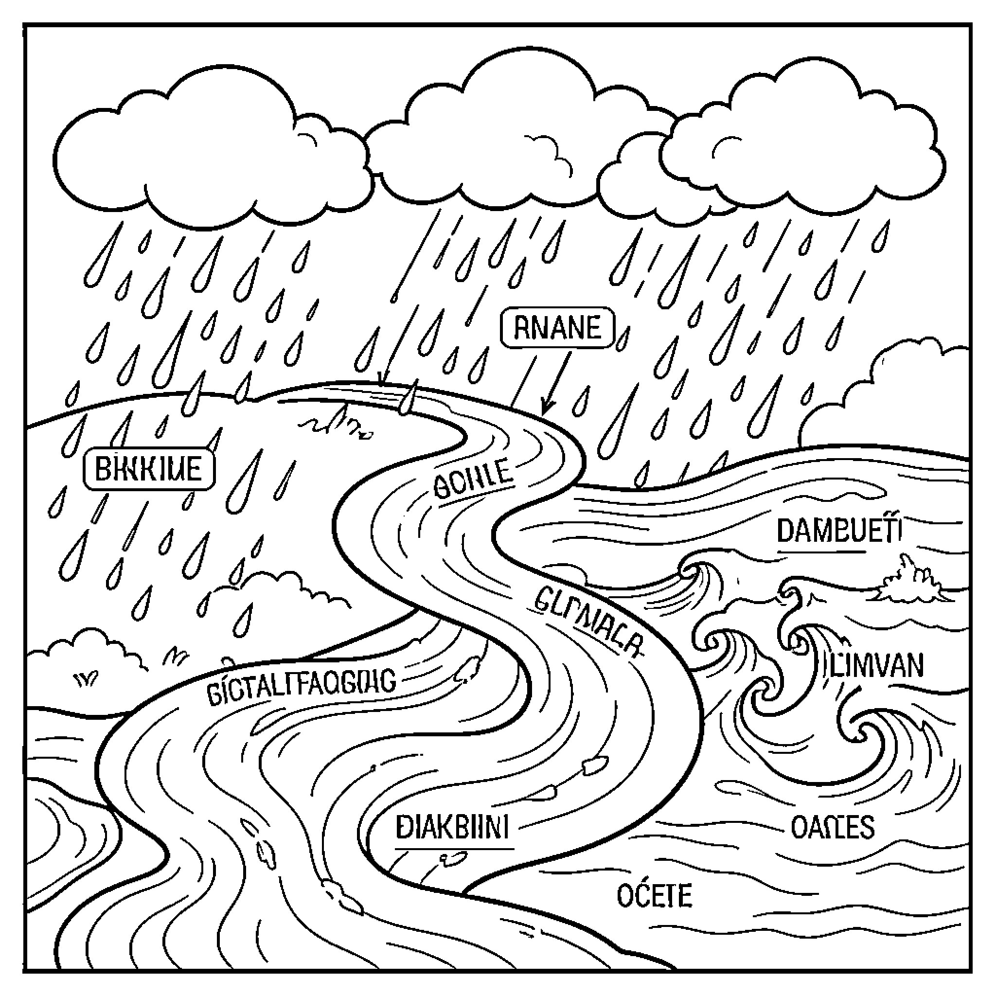 Water Cycle showing rain falling and flowing rivers Coloring Page (free black-and-white line drawing printable PDF for all, from beginners to advanced learners, including children, teens, adults, and seniors)
