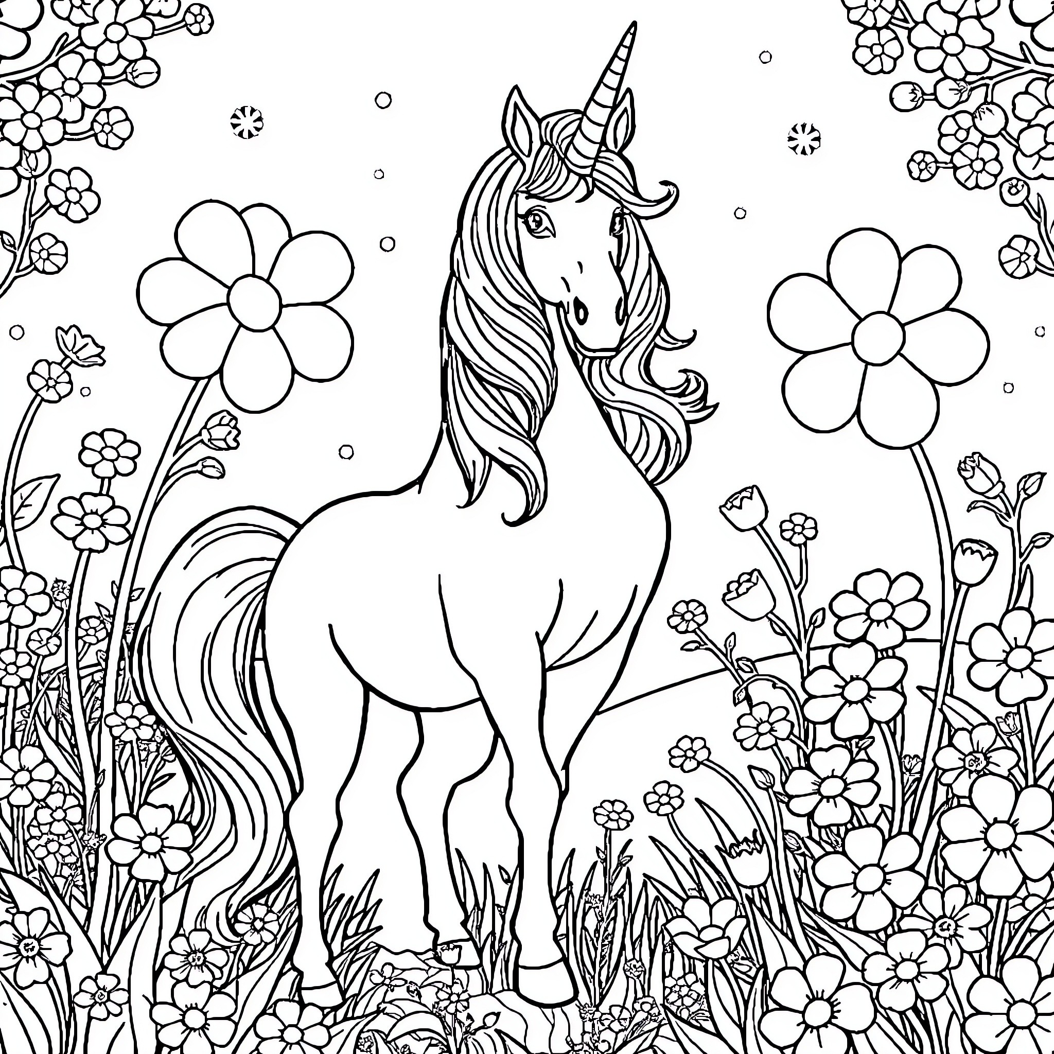 Unicorn standing amidst a floral garden Coloring Page (free black-and-white line drawing printable PDF for all, from beginners to advanced learners, including children, teens, adults, and seniors)