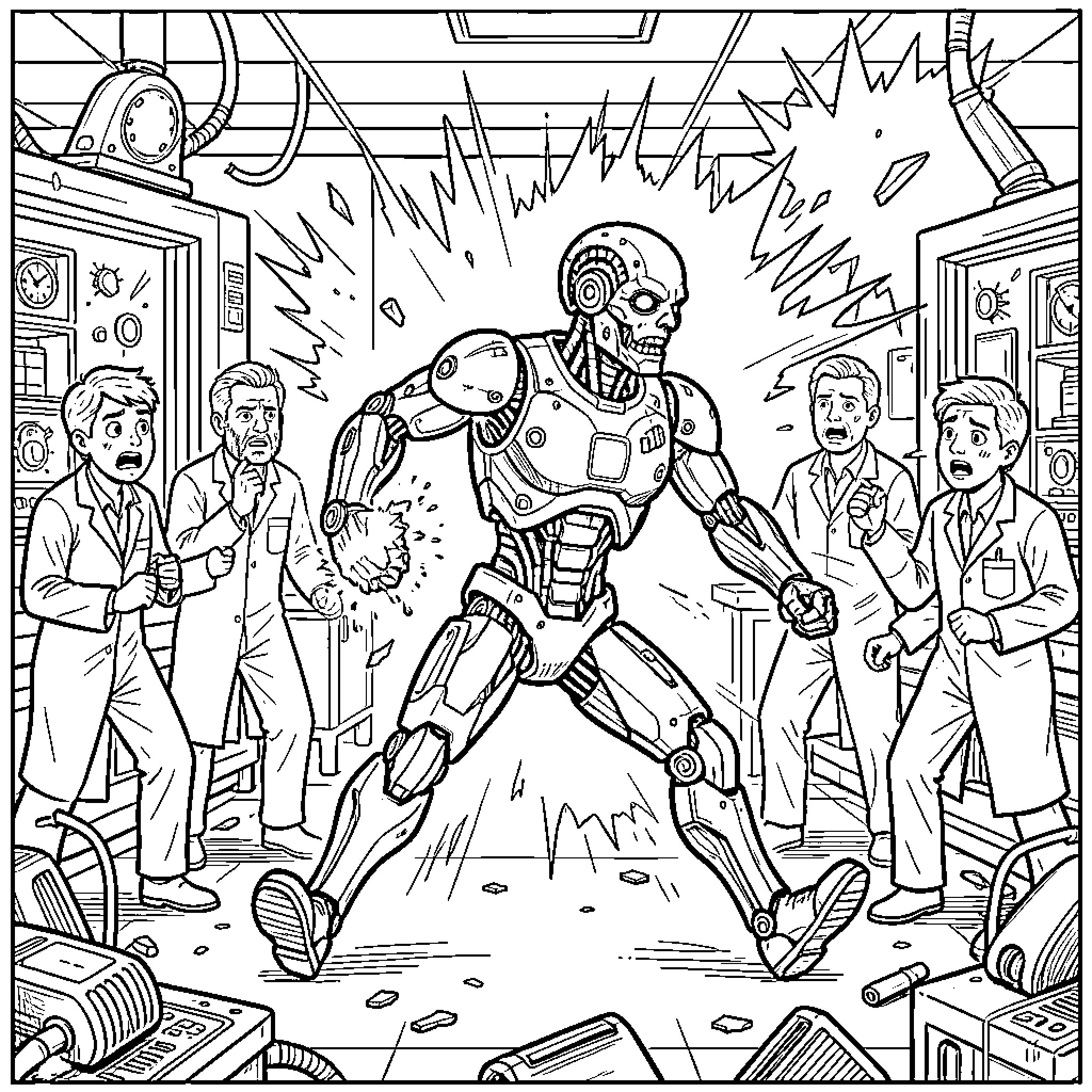 Cyborg breaking free from scientists in a laboratory Coloring Page (free black-and-white line drawing printable PDF for all, from beginners to advanced learners, including children, teens, adults, and seniors)