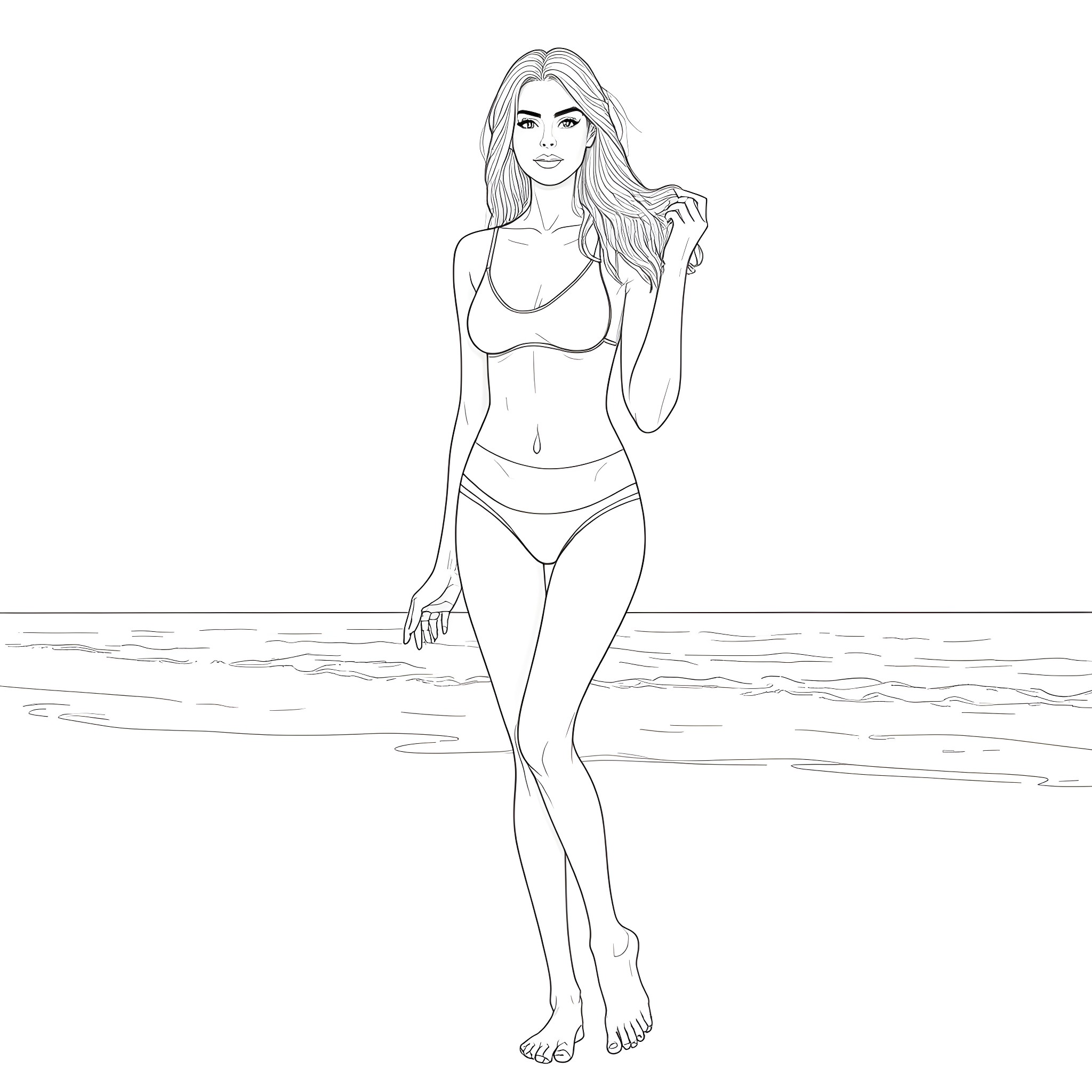 Model in Swimwear Posing at Beach Coloring Page (free black-and-white line drawing printable PDF for all, from beginners to advanced learners, including children, teens, adults, and seniors)