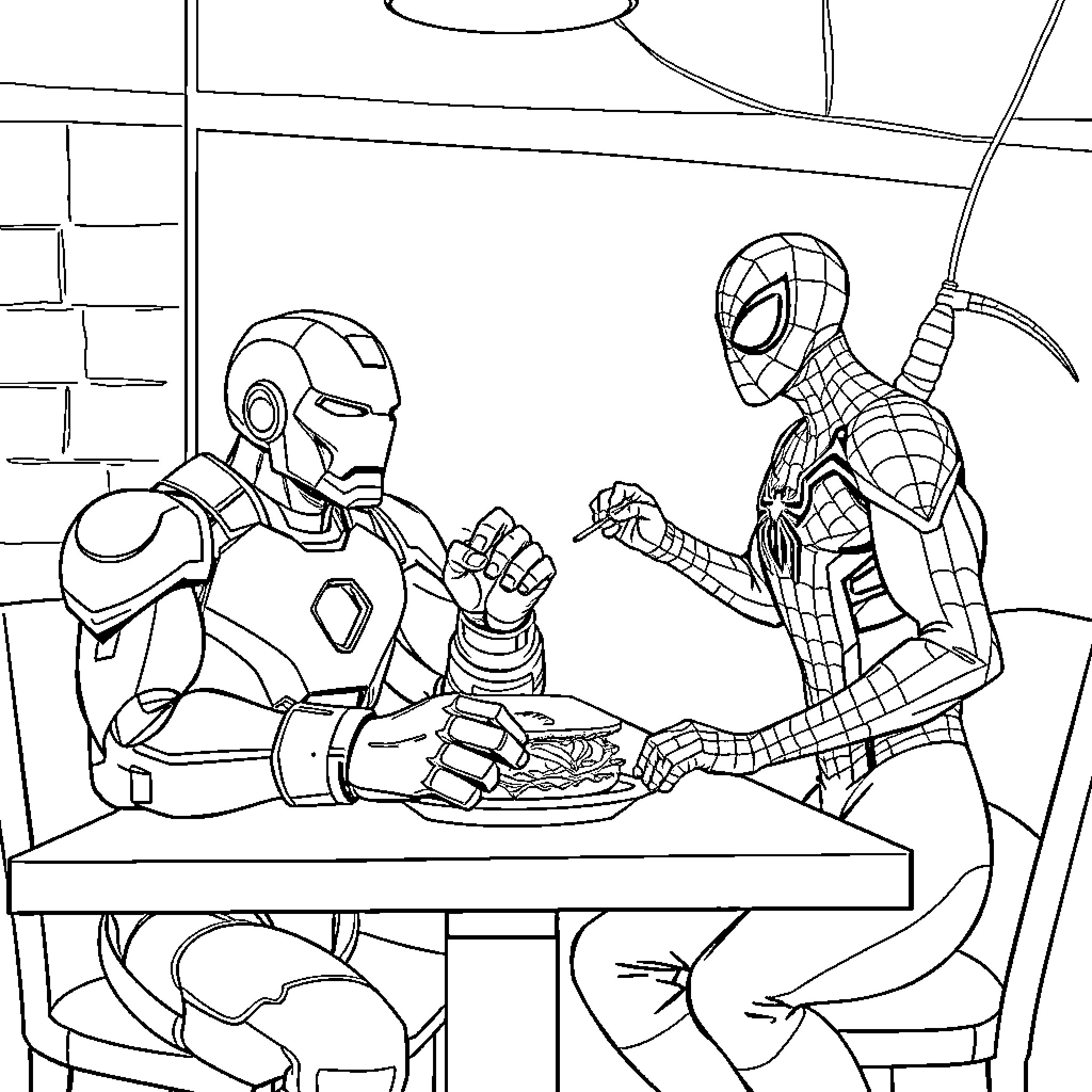 Iron Man and Spider-Man in Action Scene Coloring Page (free black-and-white line drawing printable PDF for all, from beginners to advanced learners, including children, teens, adults, and seniors)