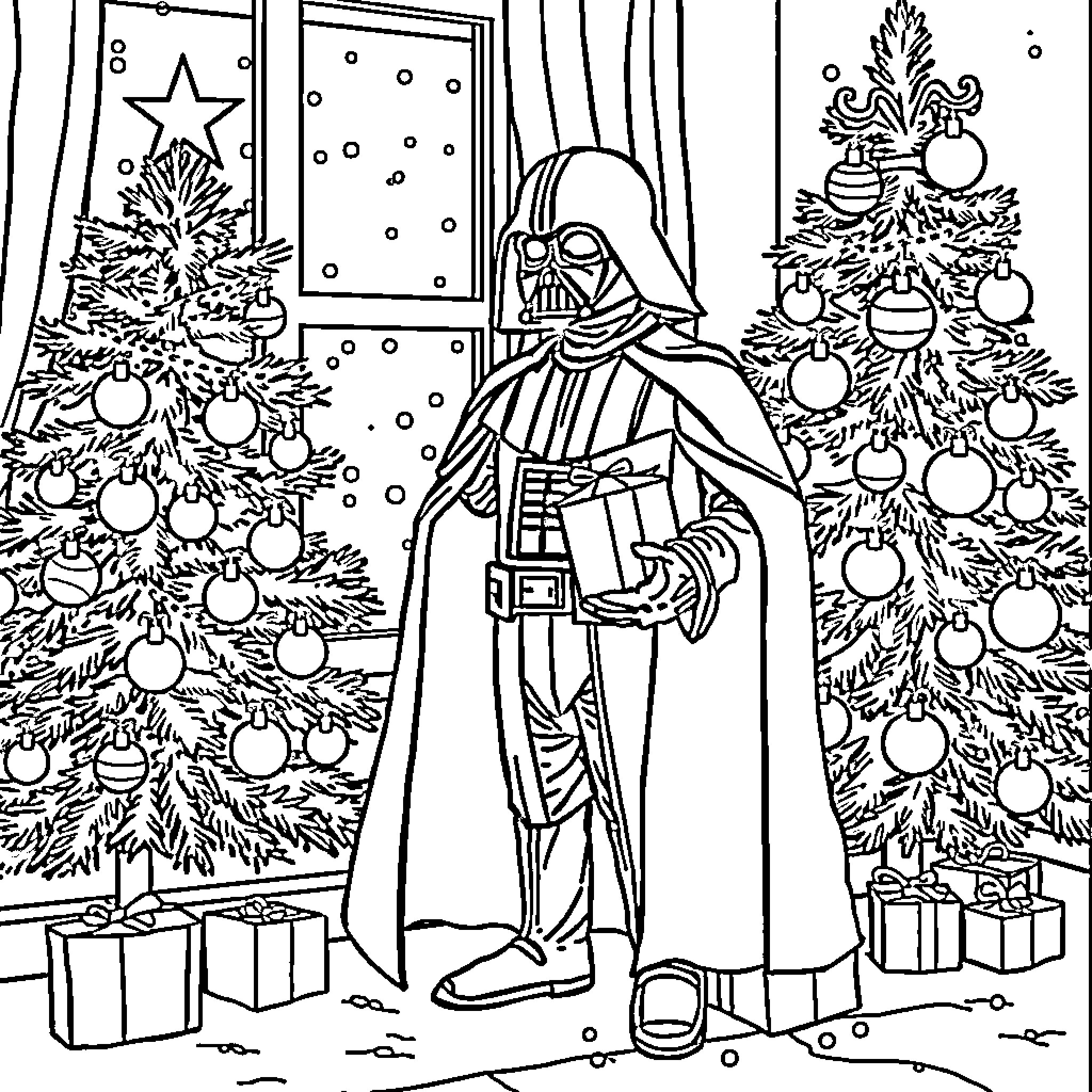 Darth Vader's Christmas Eve Celebration Coloring Page (free black-and-white line drawing printable PDF for all, from beginners to advanced learners, including children, teens, adults, and seniors)