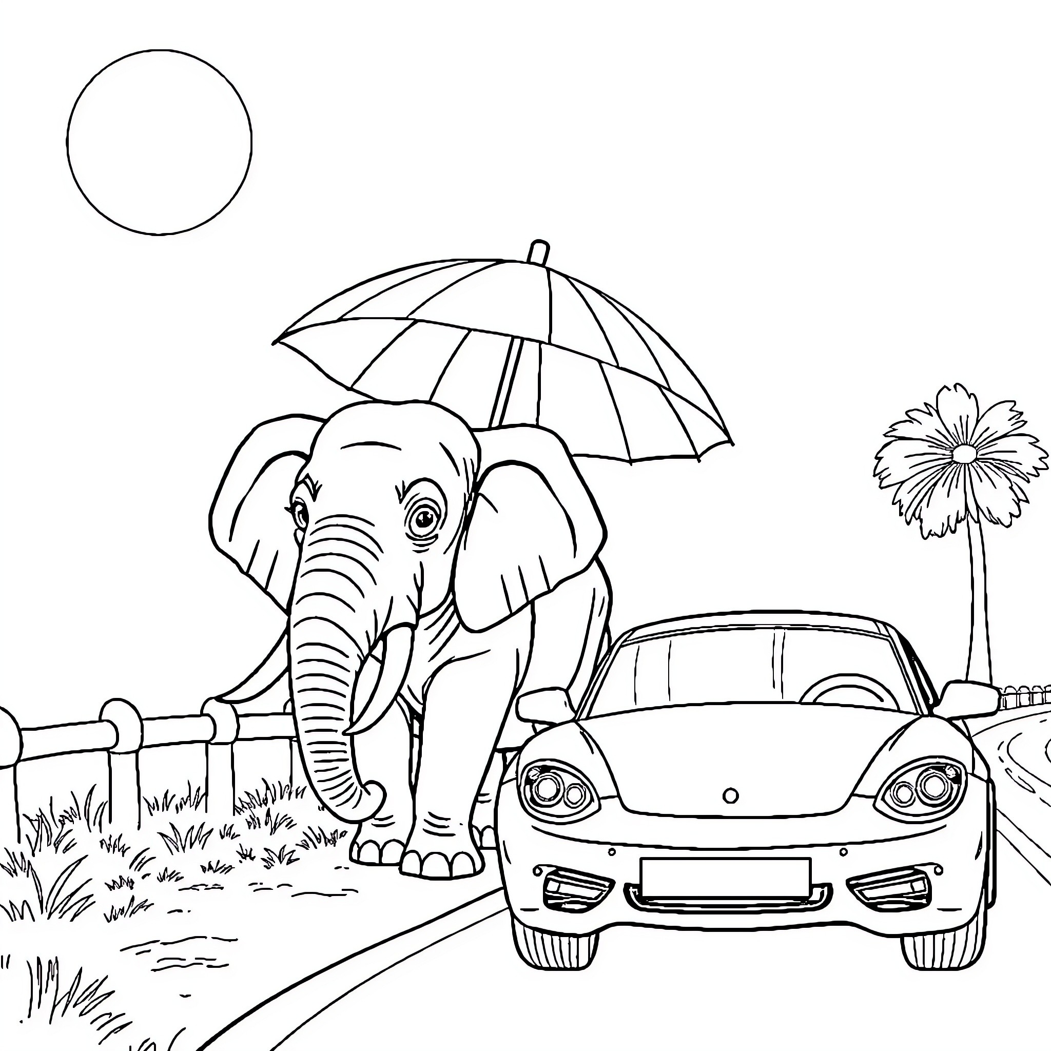 Elephant exploring the city with an umbrella Coloring Page (free black-and-white line drawing printable PDF for all, from beginners to advanced learners, including children, teens, adults, and seniors)