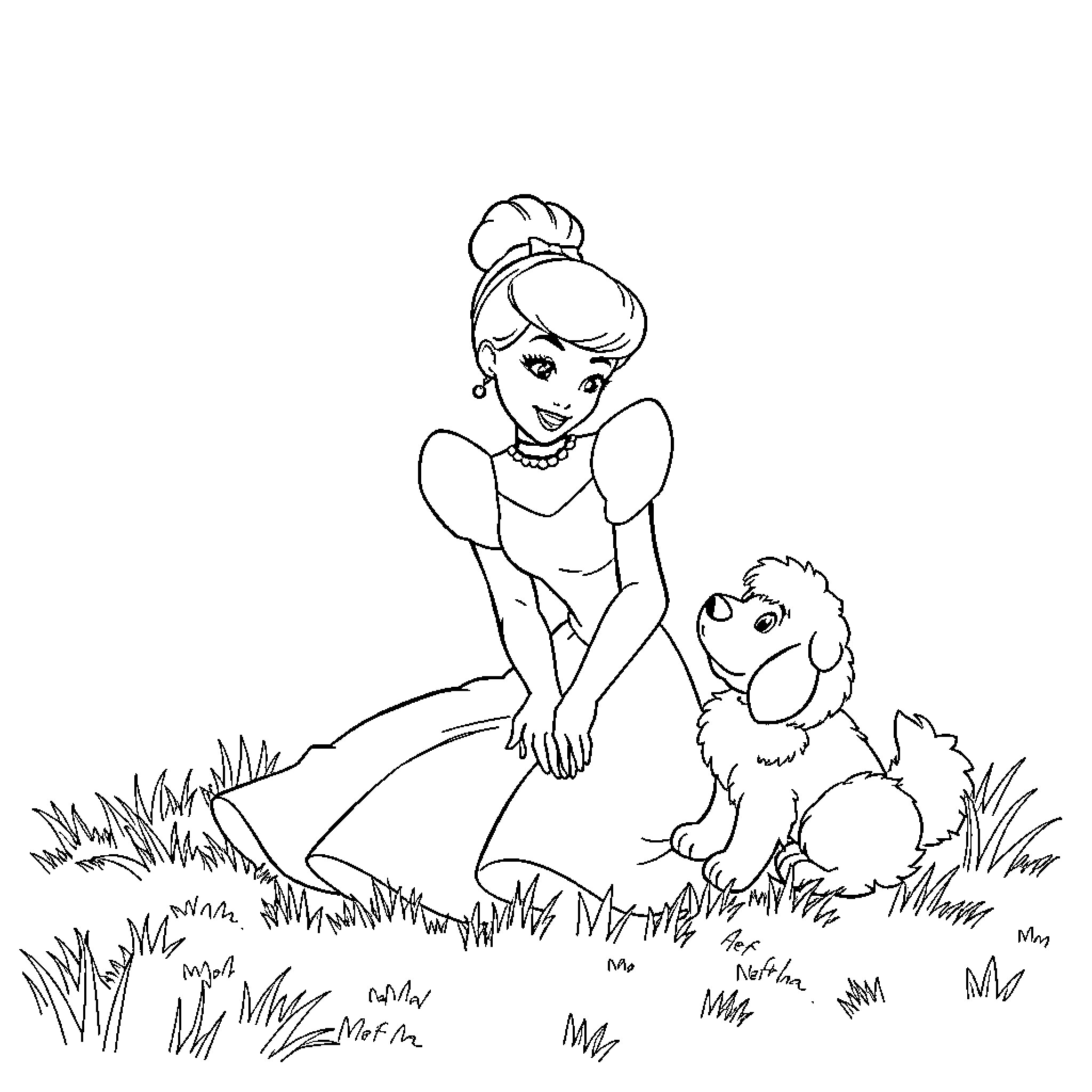 Cinderella Befriends a Furry Companion Coloring Page (free black-and-white line drawing printable PDF for all, from beginners to advanced learners, including children, teens, adults, and seniors)