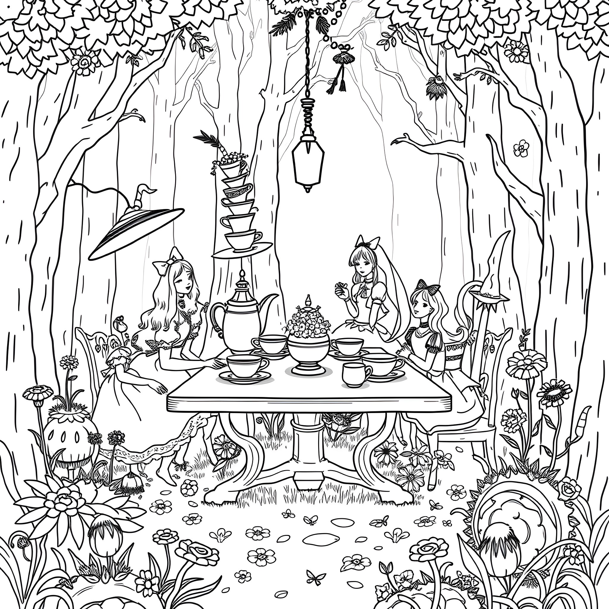 Alice's Enchanted Tea Party in the Whimsical Forest Coloring Page (free black-and-white line drawing printable PDF for all, from beginners to advanced learners, including children, teens, adults, and seniors)