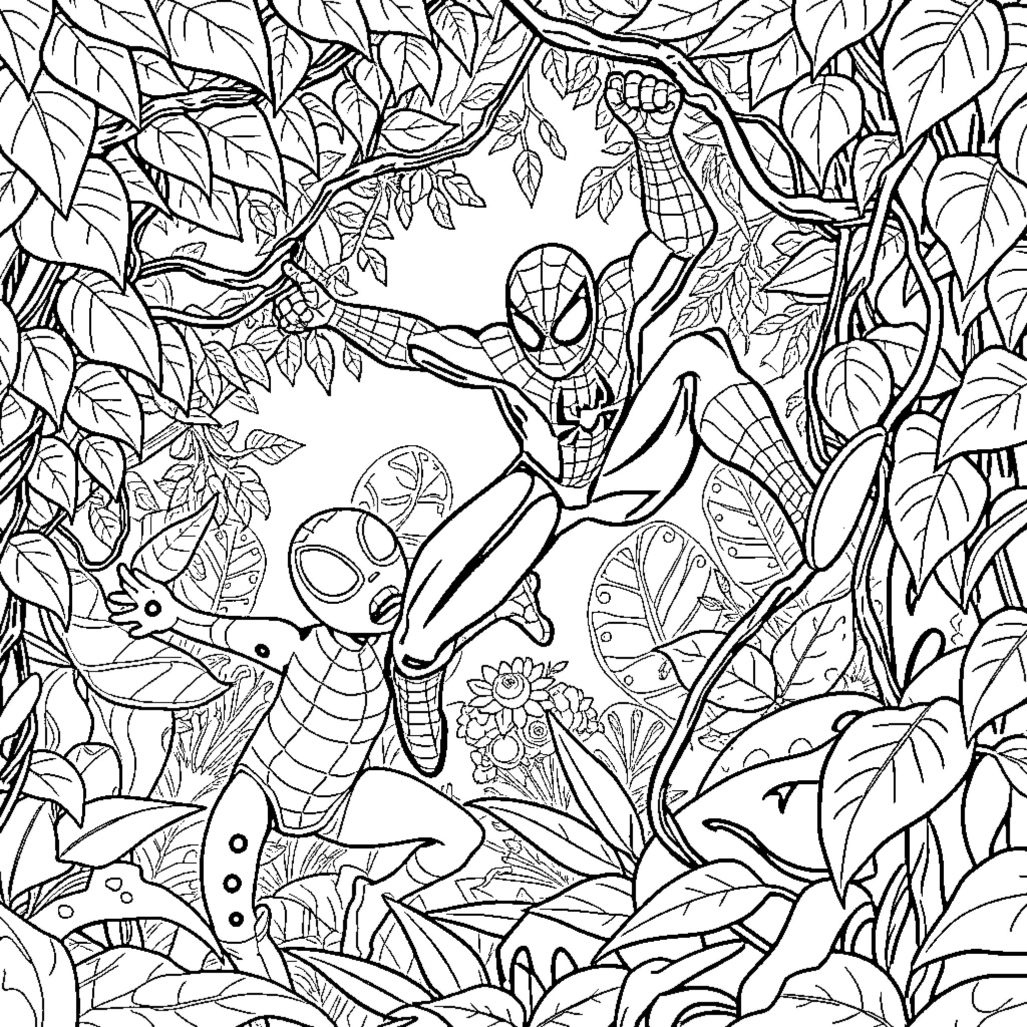 Spiderman swinging through the nature-filled forest Coloring Page (free black-and-white line drawing printable PDF for all, from beginners to advanced learners, including children, teens, adults, and seniors)
